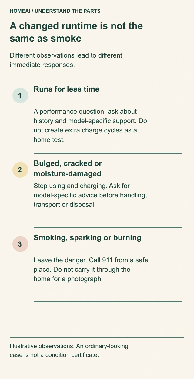 Three-row response comparison separates shorter runtime, bulging or damaged equipment, and smoking or burning equipment.