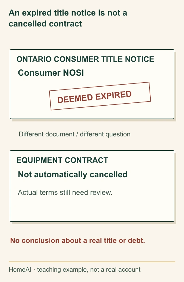 Original Ontario-specific document comparison shows an illustrative consumer title notice with an expired label beside a separate equipment contract, without a cancellation mark on the contract.