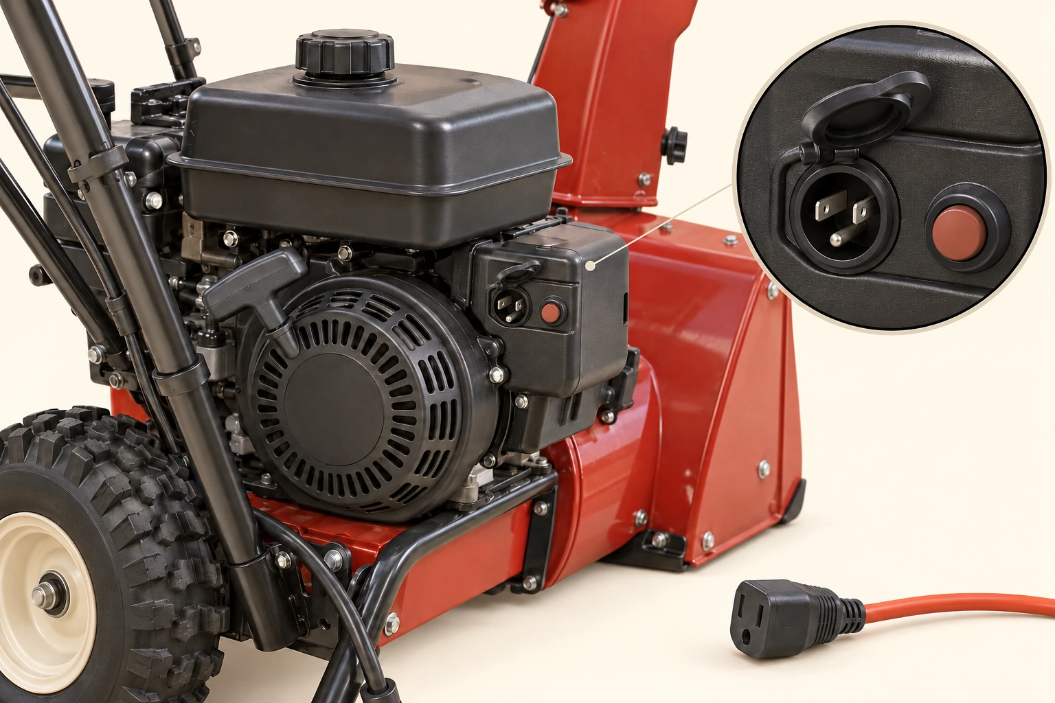Stationary fuel-powered snowblower engine area showing a closed fuel cap, recoil pull handle and electric-start socket/button, with the cord disconnected.
