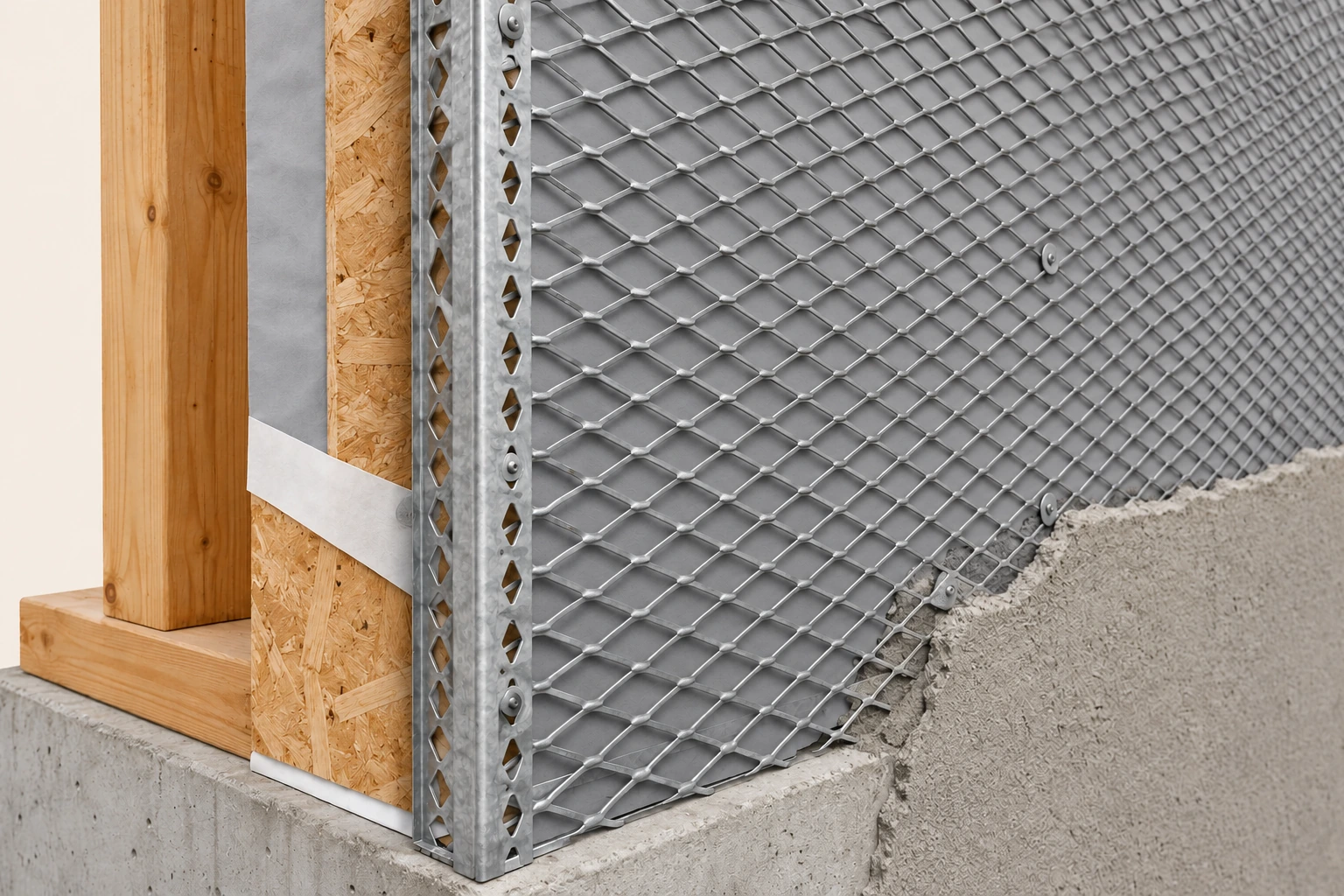 Close wall cutaway with expanded diamond-pattern metal lath over grey wrap, timber and wood-sheet backing; a small grey plaster area partly covers the lower mesh.