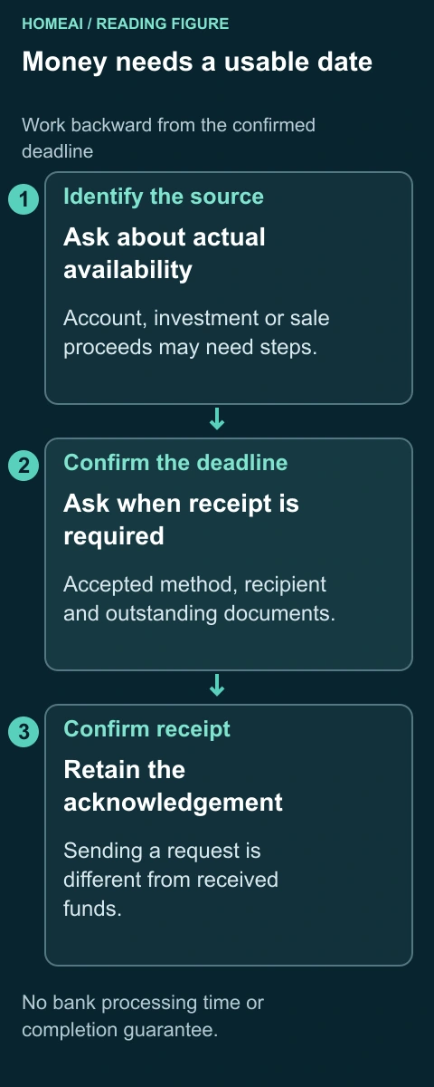 Money needs a usable date. Work backward from the confirmed deadline. Complete labels and arithmetic follow in static text.
