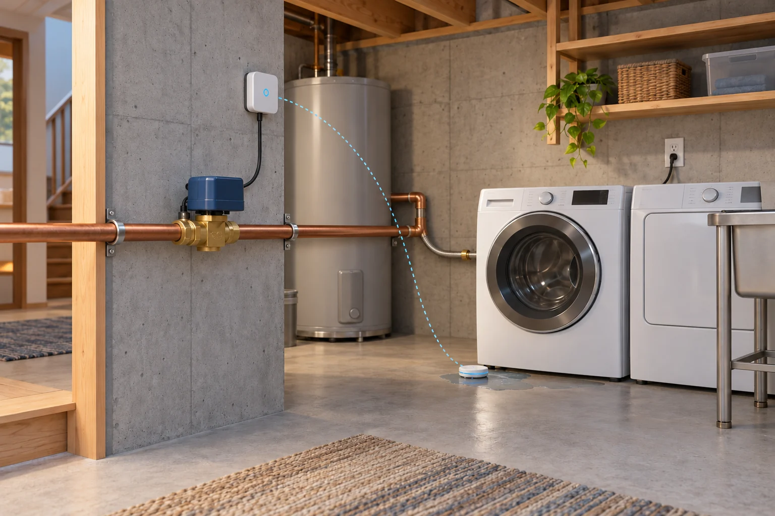 Laundry-room scene with a motor-operated valve in a continuous copper supply, a wall control, washing machine and water-contact sensor beside a small water patch.