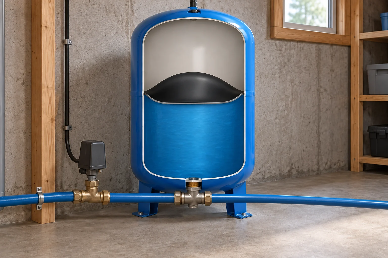 Upright pressure-tank cutaway with an upper air space, curved black separator, lower blue water and a single bottom connection to a supply tee.
