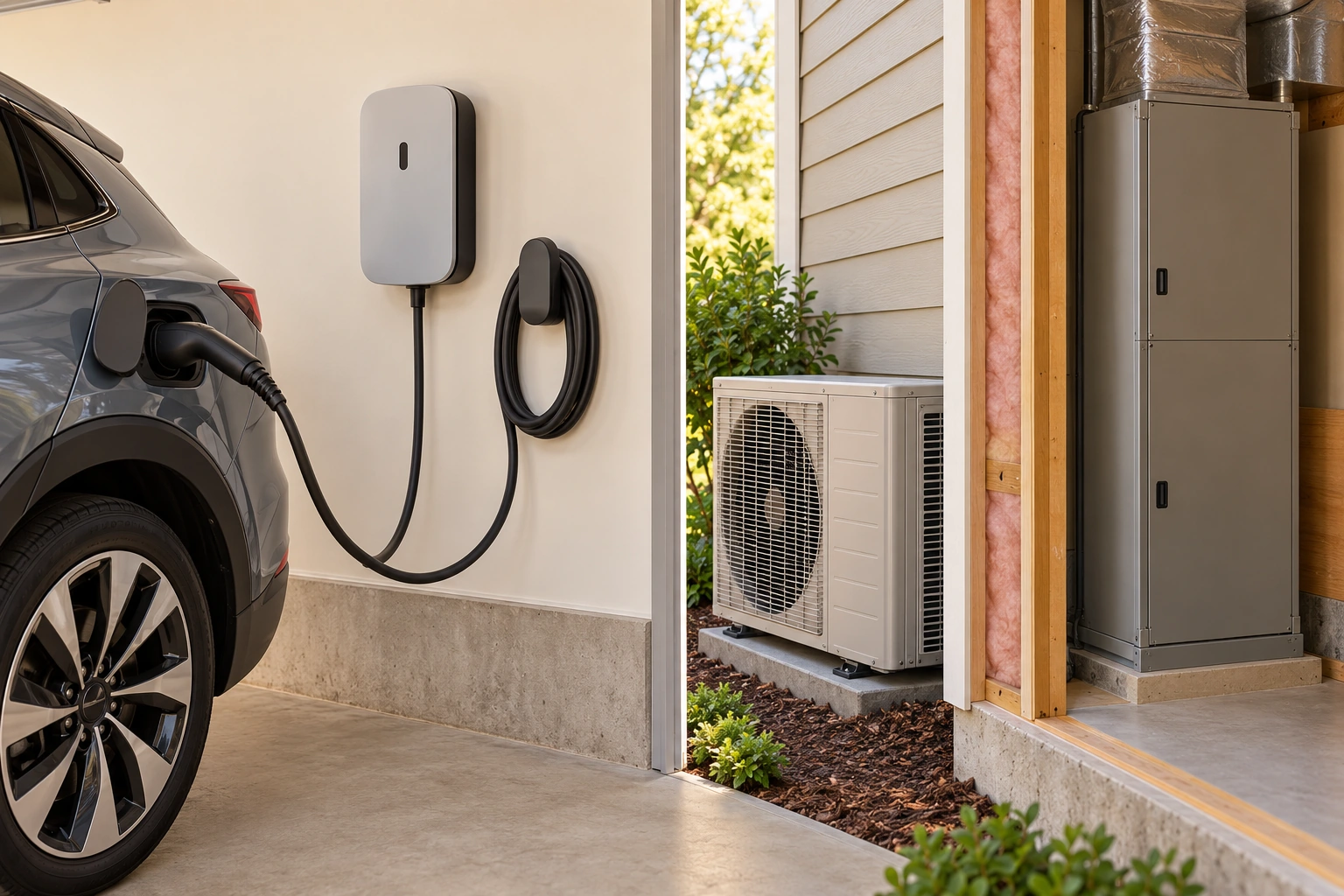 A garage charging unit and cable connect to a seated vehicle inlet. The adjacent separate outdoor fan unit and closed indoor air-handler cabinet illustrate recognizable heat-pump system parts, with no electrical connection between the EV and HVAC drawn.
