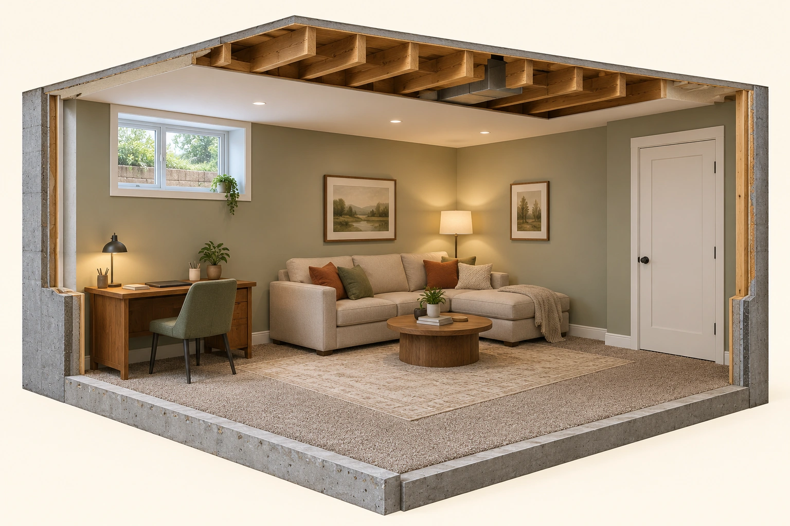 Original illustrative cutaway of a finished basement room with a desk beneath a window, sofa, finished walls, a closed side door and exposed joists only at the cutaway edge.