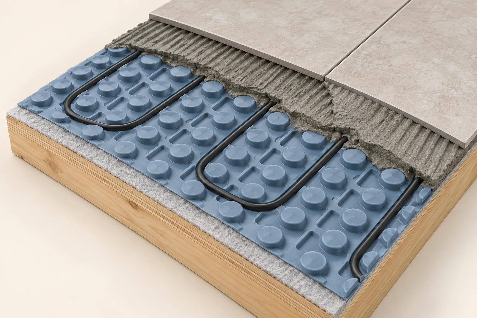 Cable held between studs beneath a tile and mortar cutaway.