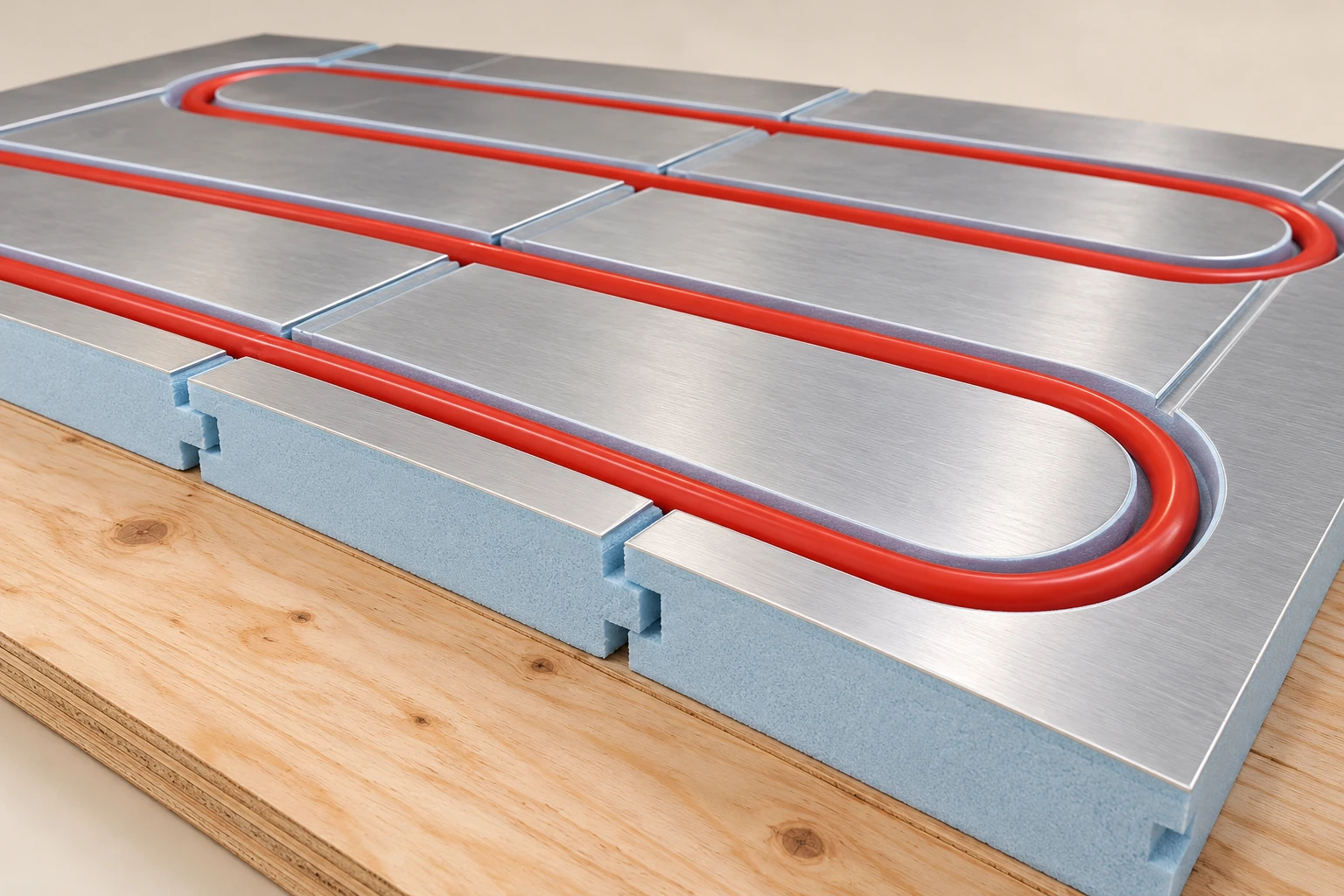 Red tubing seated in rounded grooves of aluminum-faced foam panels above plywood.