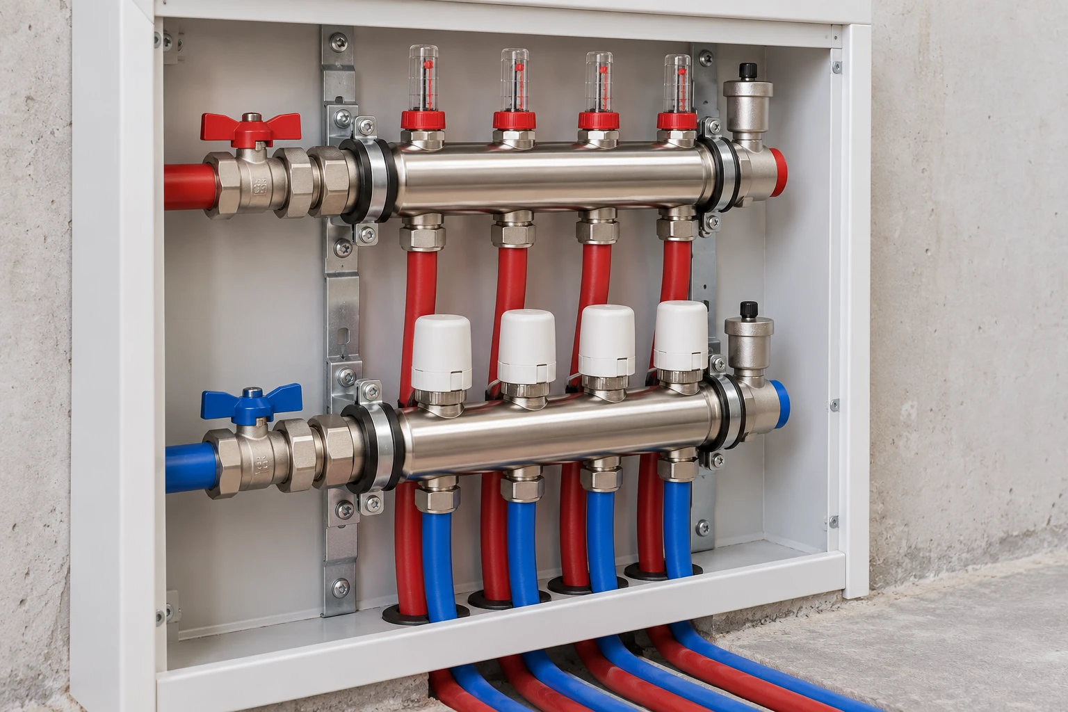 Closed supply and return manifold with four branch pairs, flow indicators and actuator heads.