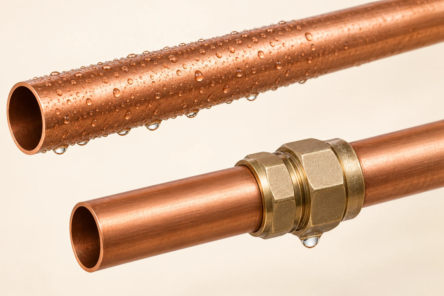 Two detached pipe specimens contrast widespread surface droplets with a localized drop beneath a separate coupling.
