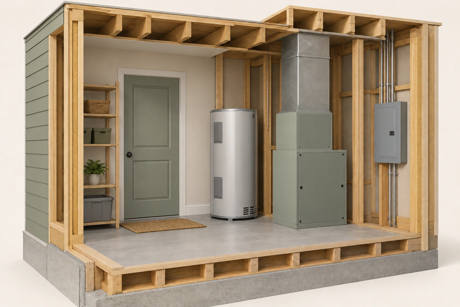 Utility-room teaching cutaway with a closed cylindrical heater, separate closed furnace and large air plenum, closed electrical cabinet and exposed timber section edges.