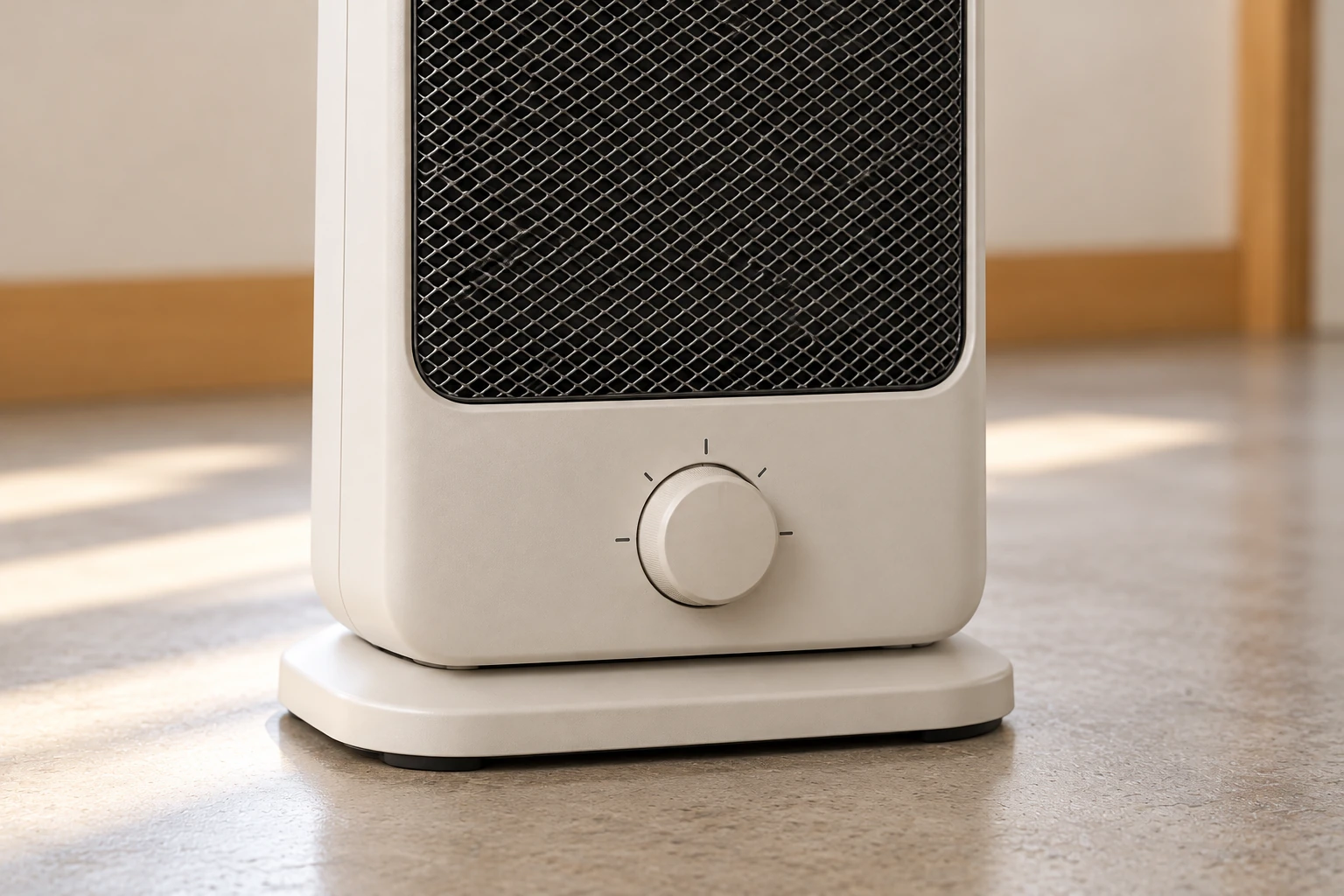 The closed heater’s unnumbered dial illustrates ordinary temperature-related control. Its base and grille do not identify protective functions or certify the supply.