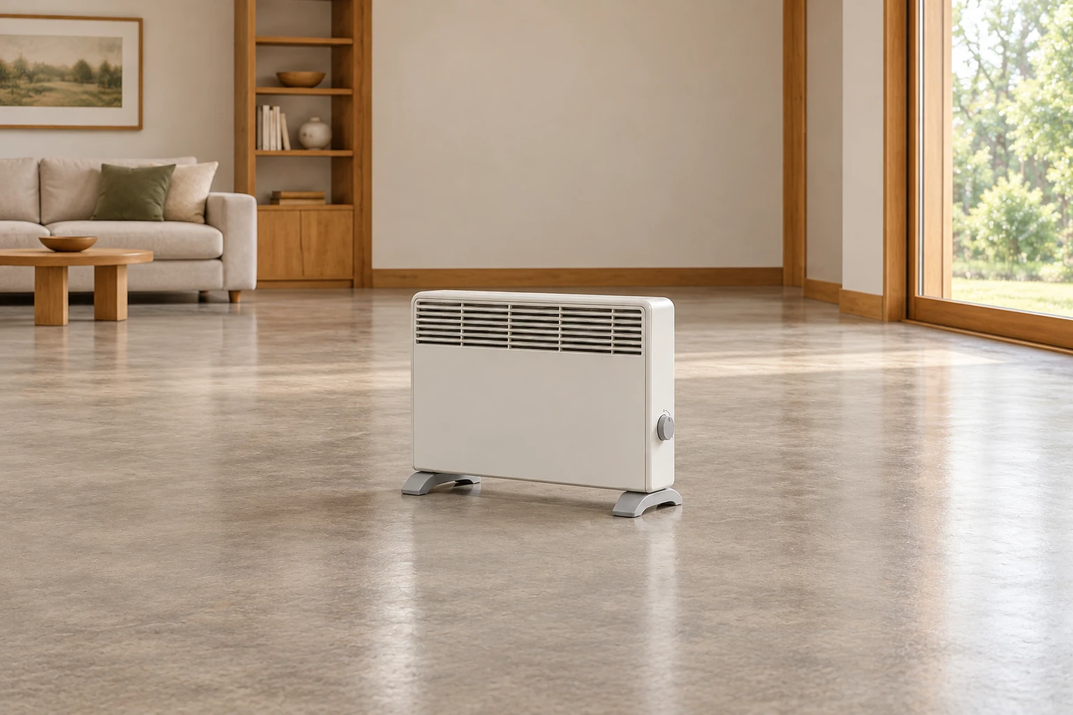 The closed heater sits on bare floor with furniture well back in the conceptual room. Heat delivery, changing surroundings and the actual supply remain connected use questions.