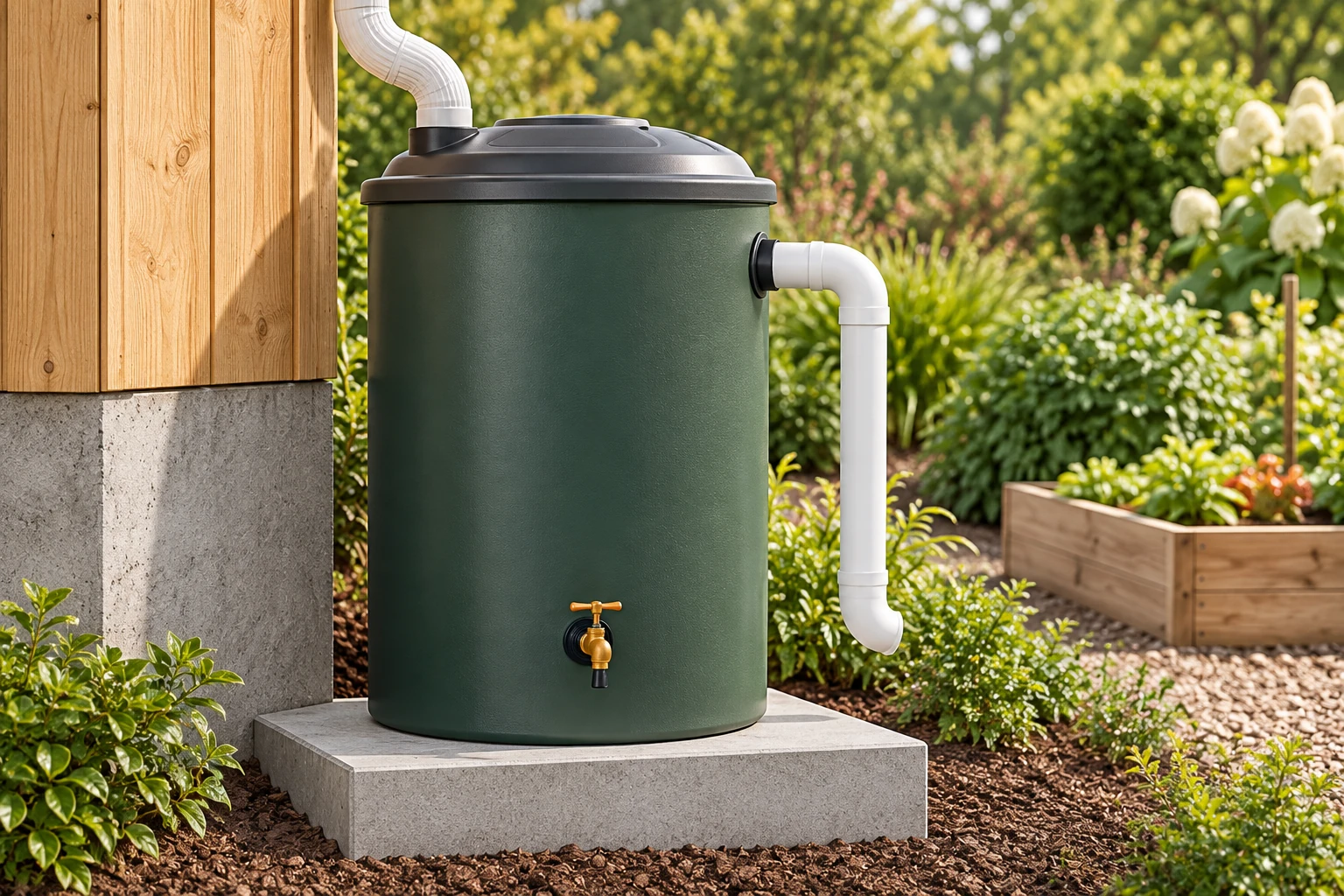 The covered barrel, lower outlet and upper route illustrate storage as a separate job from collection and delivery. A broad base and seated cover remain continuing product/site questions.
