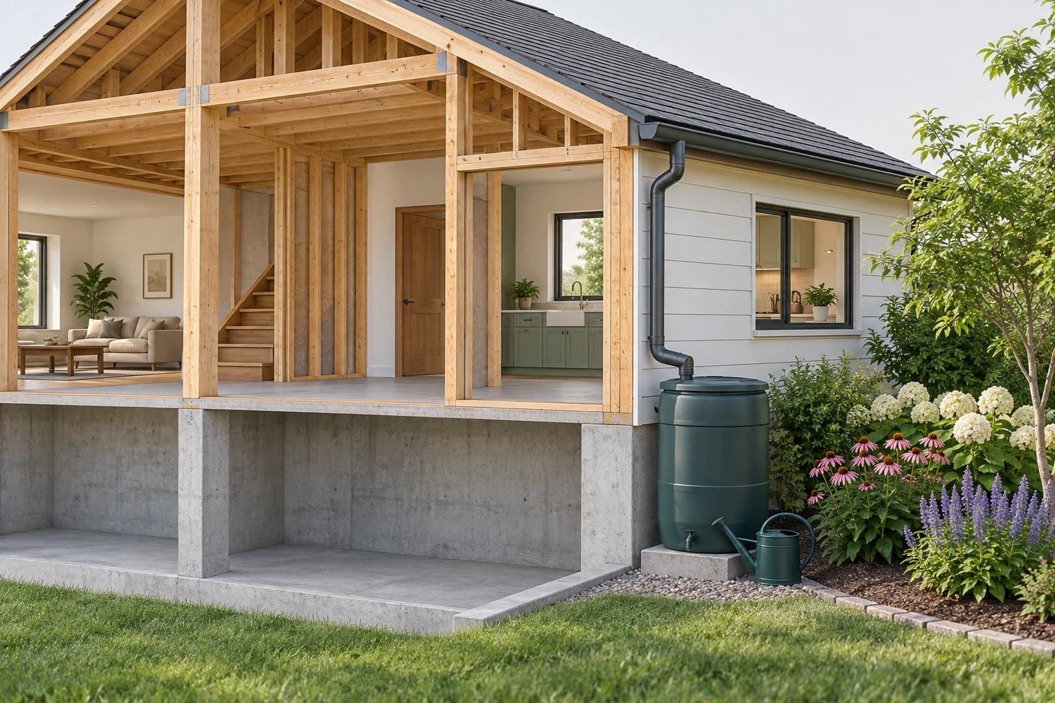 A watering can beside the covered barrel and ornamental bed explains a limited nonpotable use. The kitchen remains physically separate in this conceptual view.
