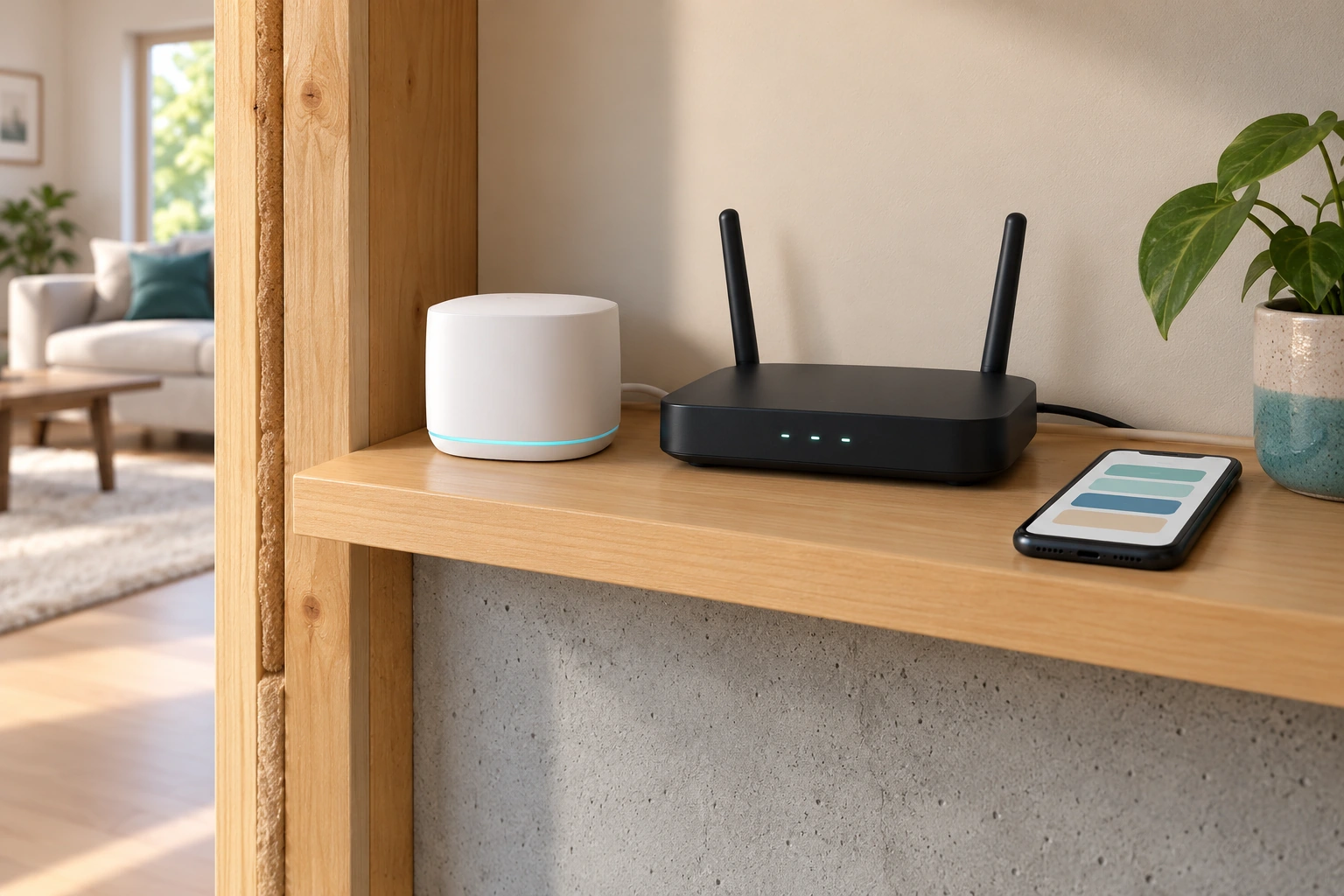The hub-style device, router and phone sit separately on a shelf. Local control, networking and an app view have different jobs; actual commands may also depend on outside services.