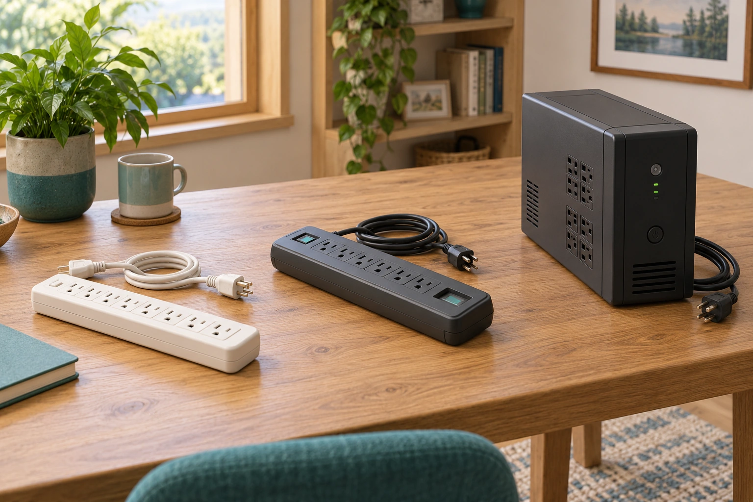 The disconnected bar, surge-strip-style device and UPS sit separately. Their different housings help compare outlet access, stated surge suppression and stored power without creating a chain of extensions.