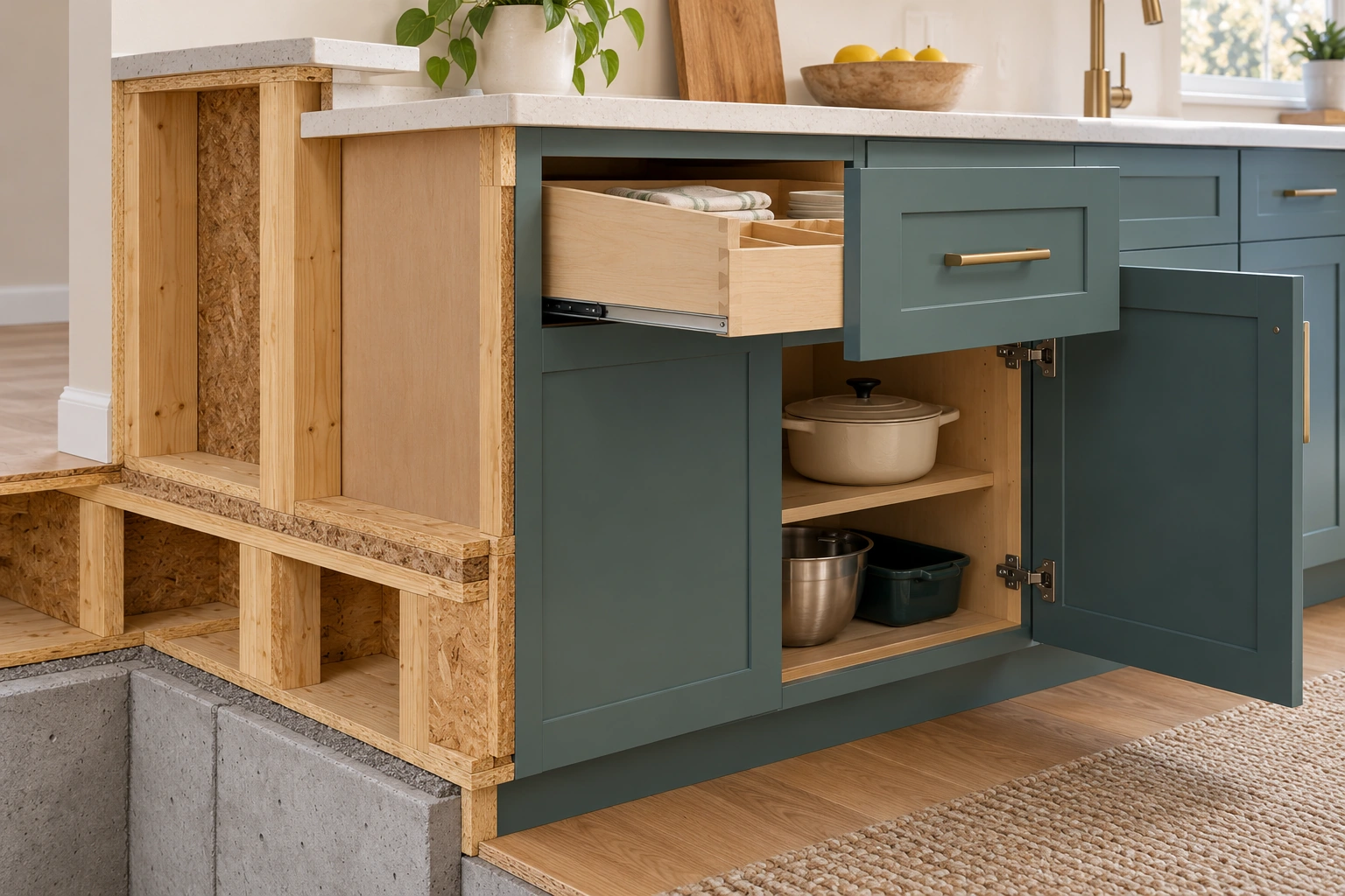 A partly open drawer and door show distinct moving access above and beside the fixed box in a skeletal kitchen setting. The view helps name operation without prescribing adjustment, loading or clearance.