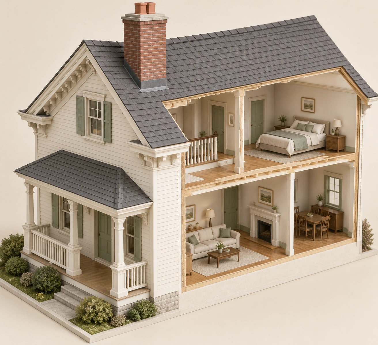 Roof edge, cornice, brick chimney and ordinary cutaway rooms in a generic older house; no protected-feature or flashing-condition finding.