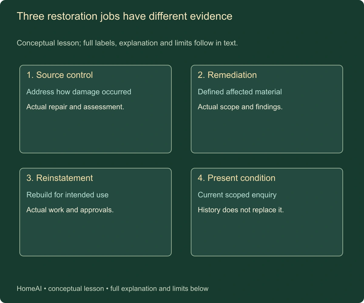 Three restoration jobs have different evidence. Conceptual lesson; full labels, explanation and limits follow in text.