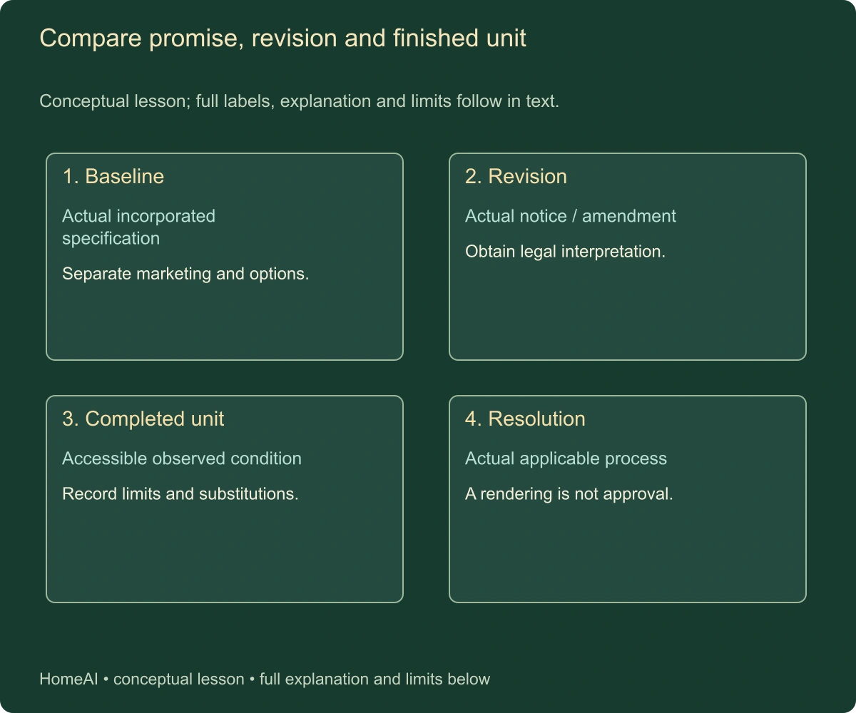 Compare promise, revision and finished unit. Conceptual lesson; full labels, explanation and limits follow in text.