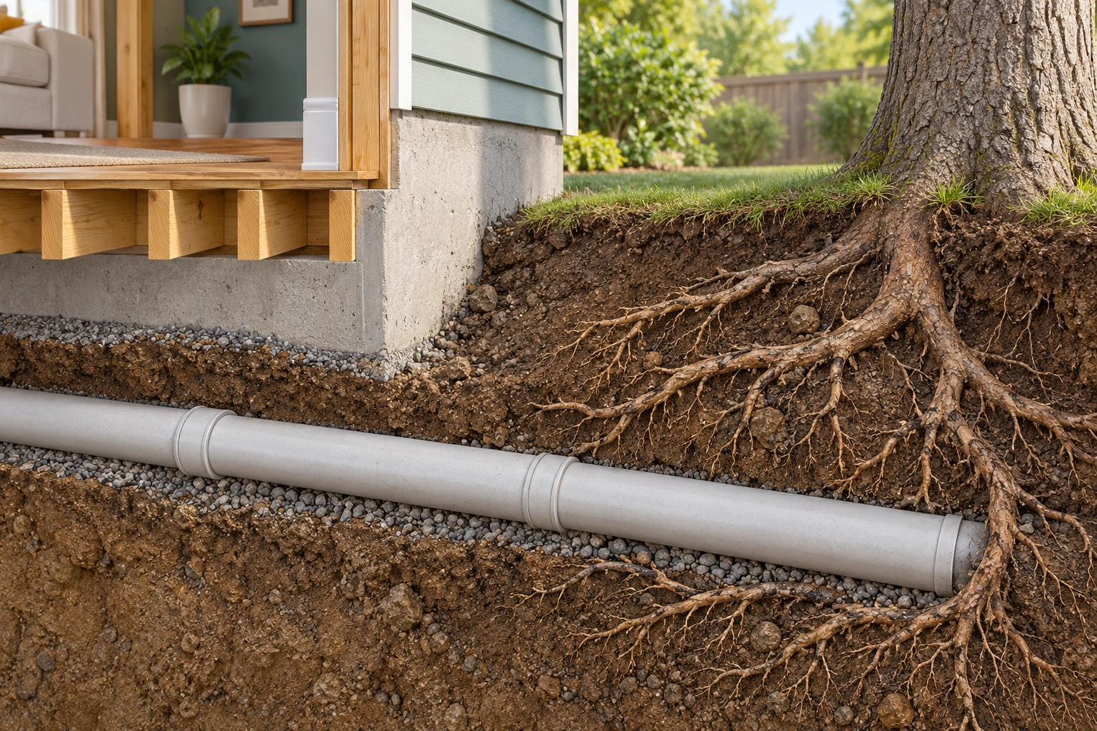 The conceptual soil section places roots outside an intact closed pipe beside the house. It intentionally shows no pipe interior or root penetration; the actual sewer record must establish its own location and condition.