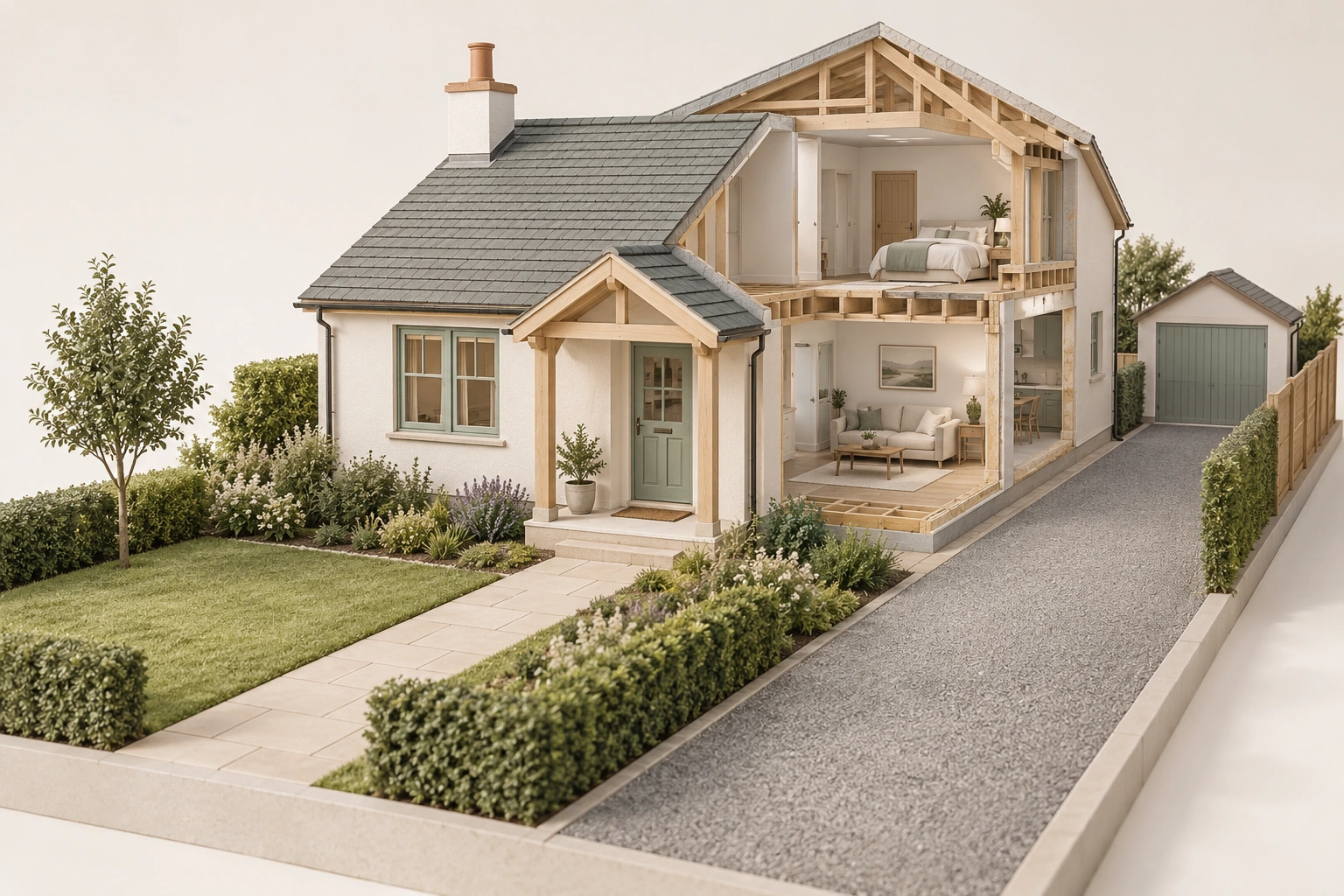 Front path reaches several porch steps; side driveway and two-level cutaway visible. No ramp or measured route clearances.