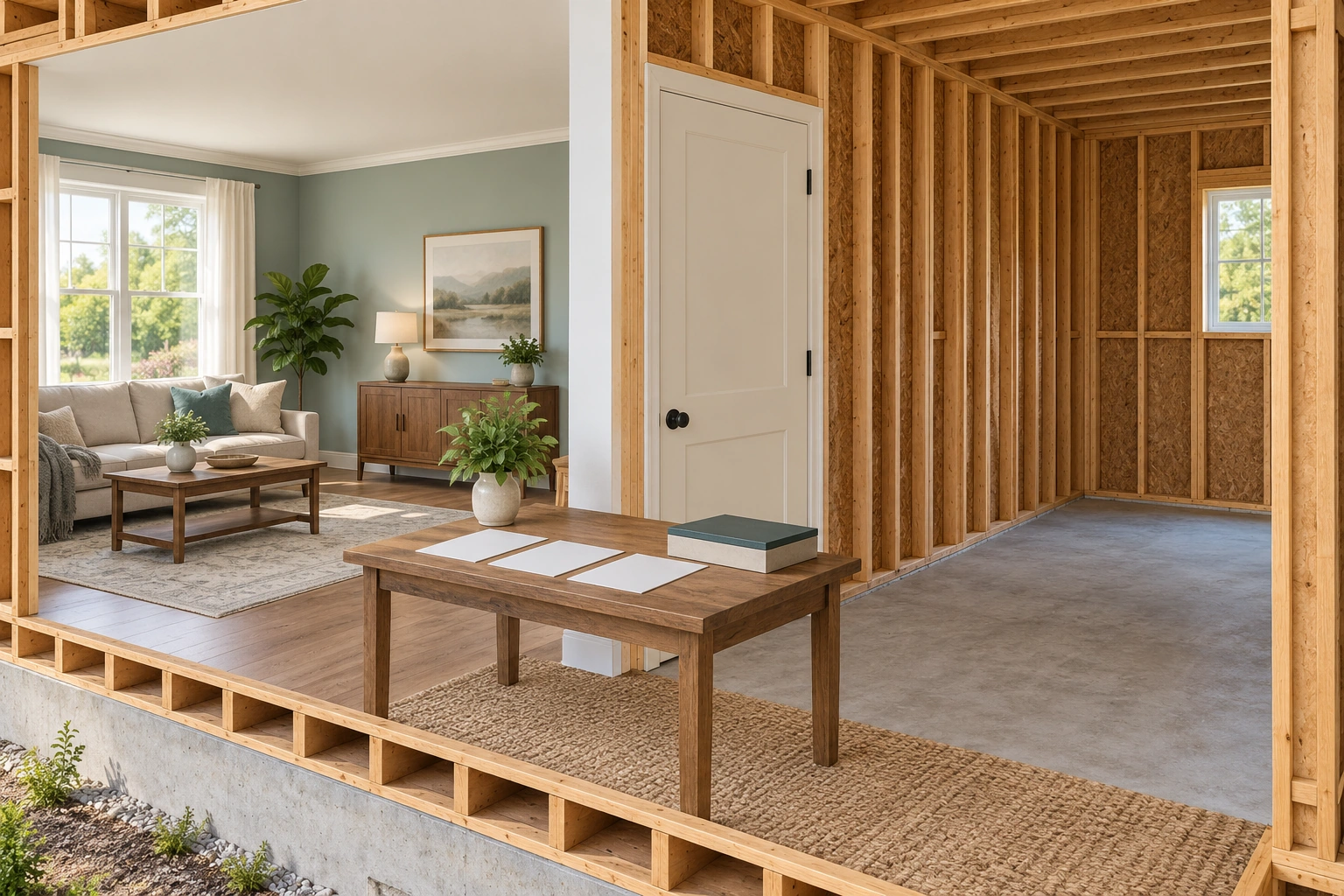 Blank sheets and a closed sample box sit outside a plain closed door beside a separate unfinished-room cutaway.