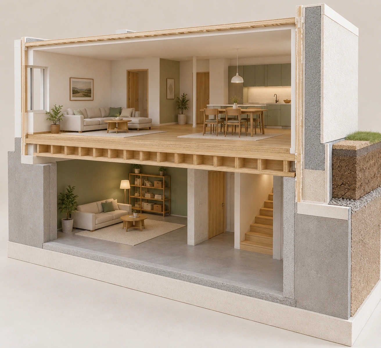 Two-level cutaway relates floor edge to thick-looking exterior wall; limited gray/foam edge, all connections concealed and basement assembly not a complete ICF section.