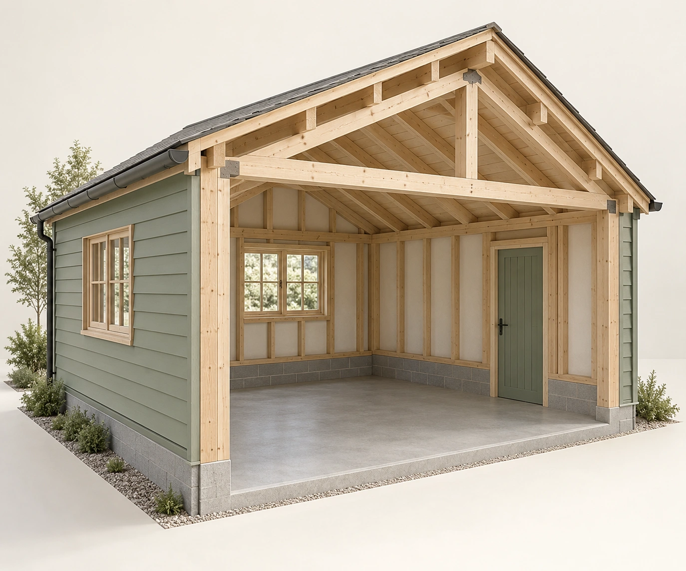 Empty timber outbuilding cutaway shows roof framing, wall studs, windows/door and concrete-like floor with low wall edge; no load or foundation capacity established.