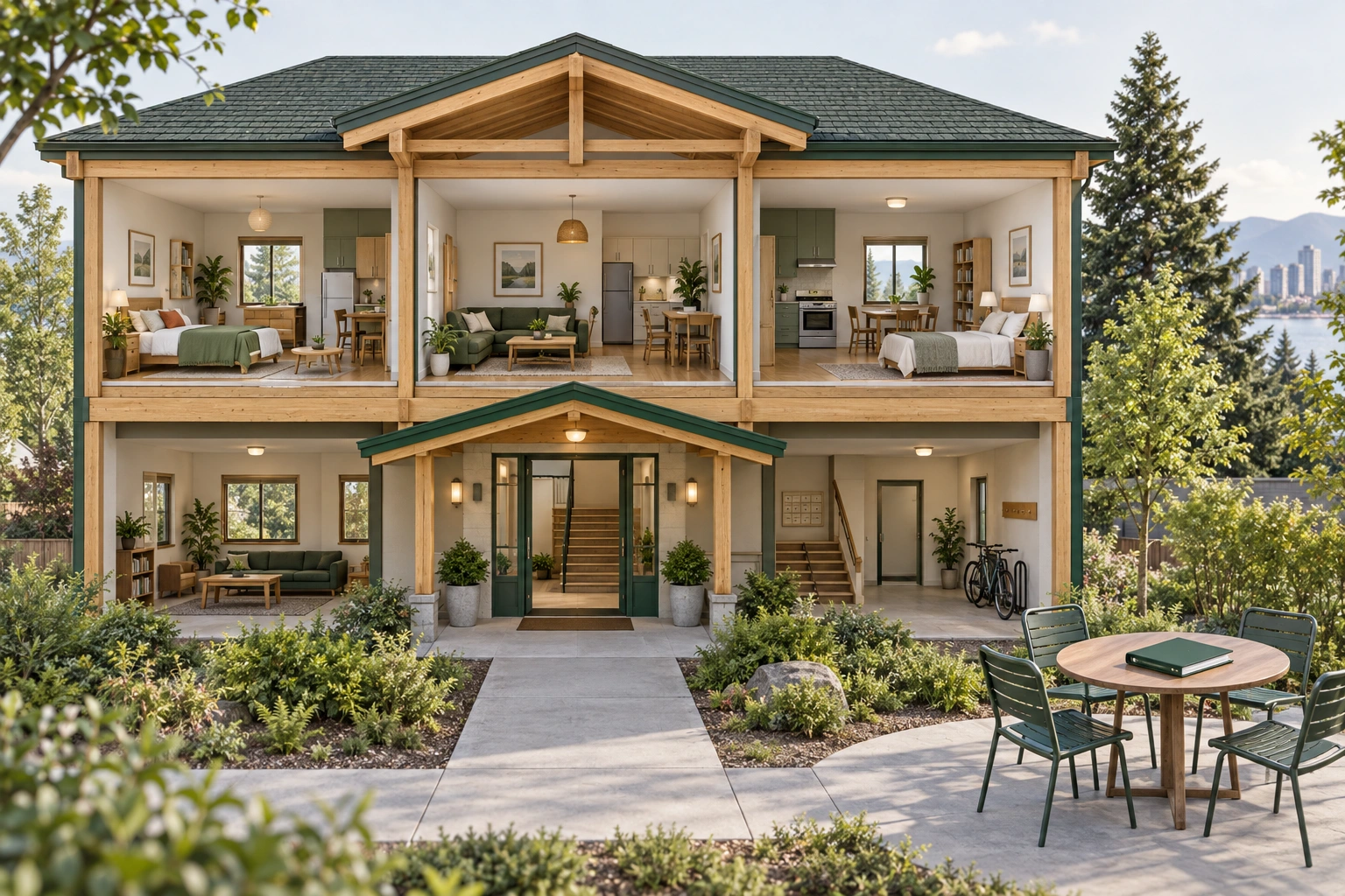 Similar rooms can have different membership arrangements. Private living spaces connect with a shared entrance and outdoor meeting place. Those familiar building features support daily housing and collective activity, while separate membership and occupancy documents establish the household’s actual arrangement.