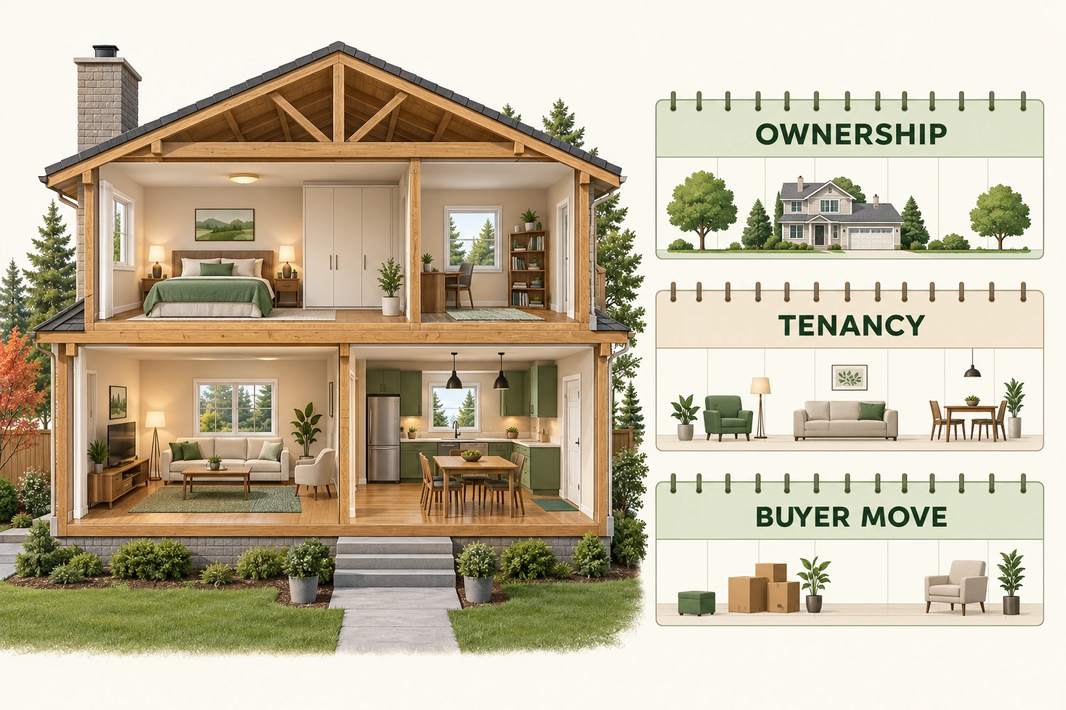 One home, three separate timing questions. The home is a place of daily life. The ownership, tenancy and buyer-move cards separate the sale, existing occupancy and intended move; no card supplies an actual date or ends a tenancy.
