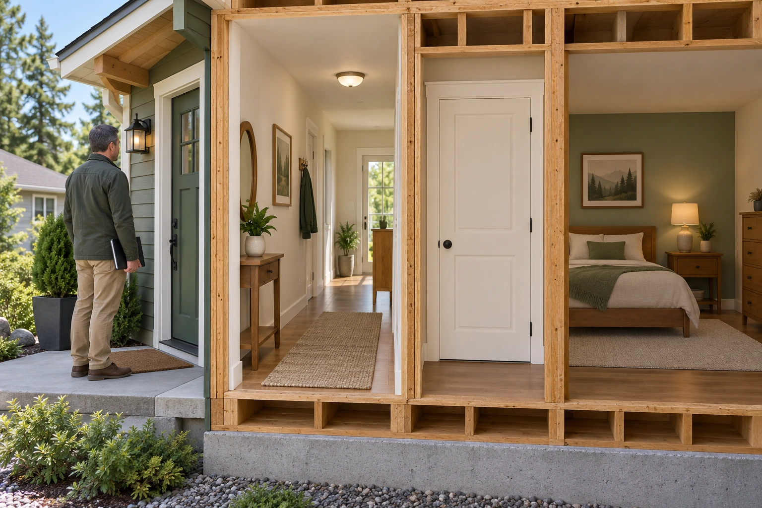 An occupied home needs an authorized visit. The visitor waits at the entrance while the cutaway shows a hall and a closed room. An inspection must describe the areas its authorized visit actually reaches; the picture grants no entry right.
