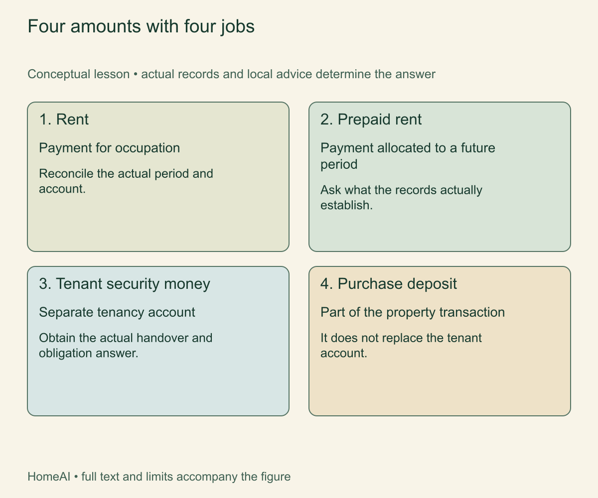 Four amounts with four jobs. Rent, prepaid rent and security money need separate accounting. The purchase deposit belongs to the property transaction and cannot replace the tenant’s account.