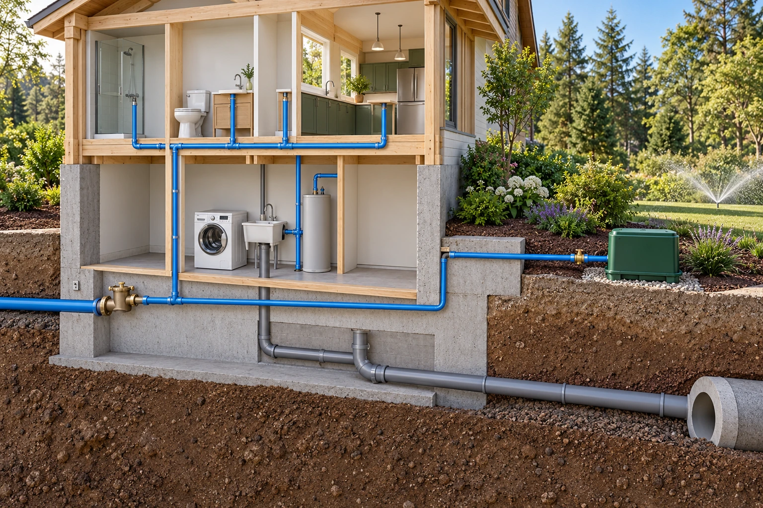 House and yard cutaway with blue incoming and fixture branches, a blue branch reaching a closed green irrigation box, and a separate grey buried drainage route.