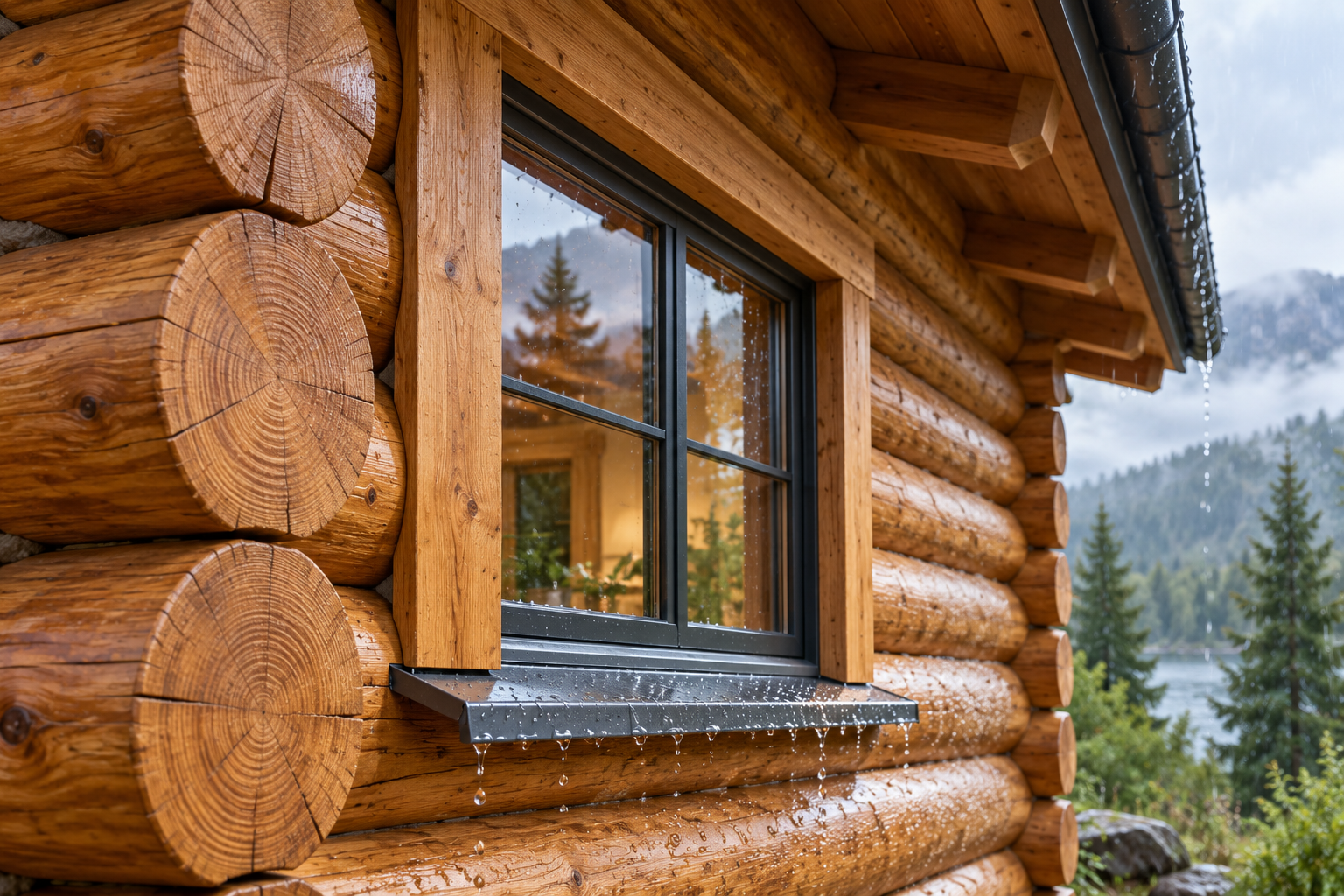 A window meets both moving wood and outside weather. The window frame meets stacked logs beneath the eave, while the sill projects outside to help shed rain. The head trim conceals an interface to ask about; no movement space is measured or exposed.