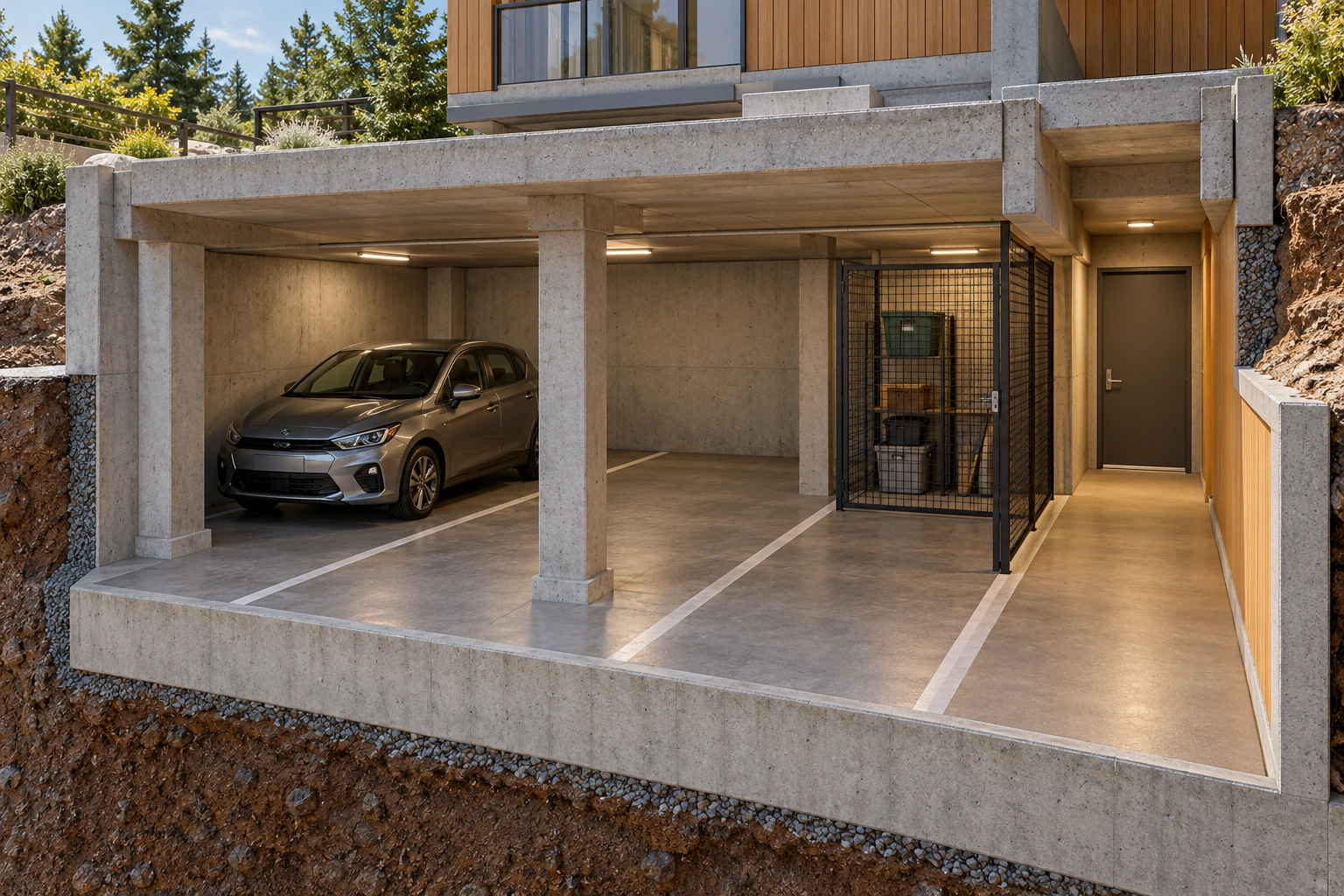 A bay, a column and a locker serve different jobs. A car occupies the left marked bay, an empty marked bay sits beside it, and a mesh locker enclosure stands near the separate access door. The removed front exposes their physical arrangement without drawing legal boundaries.