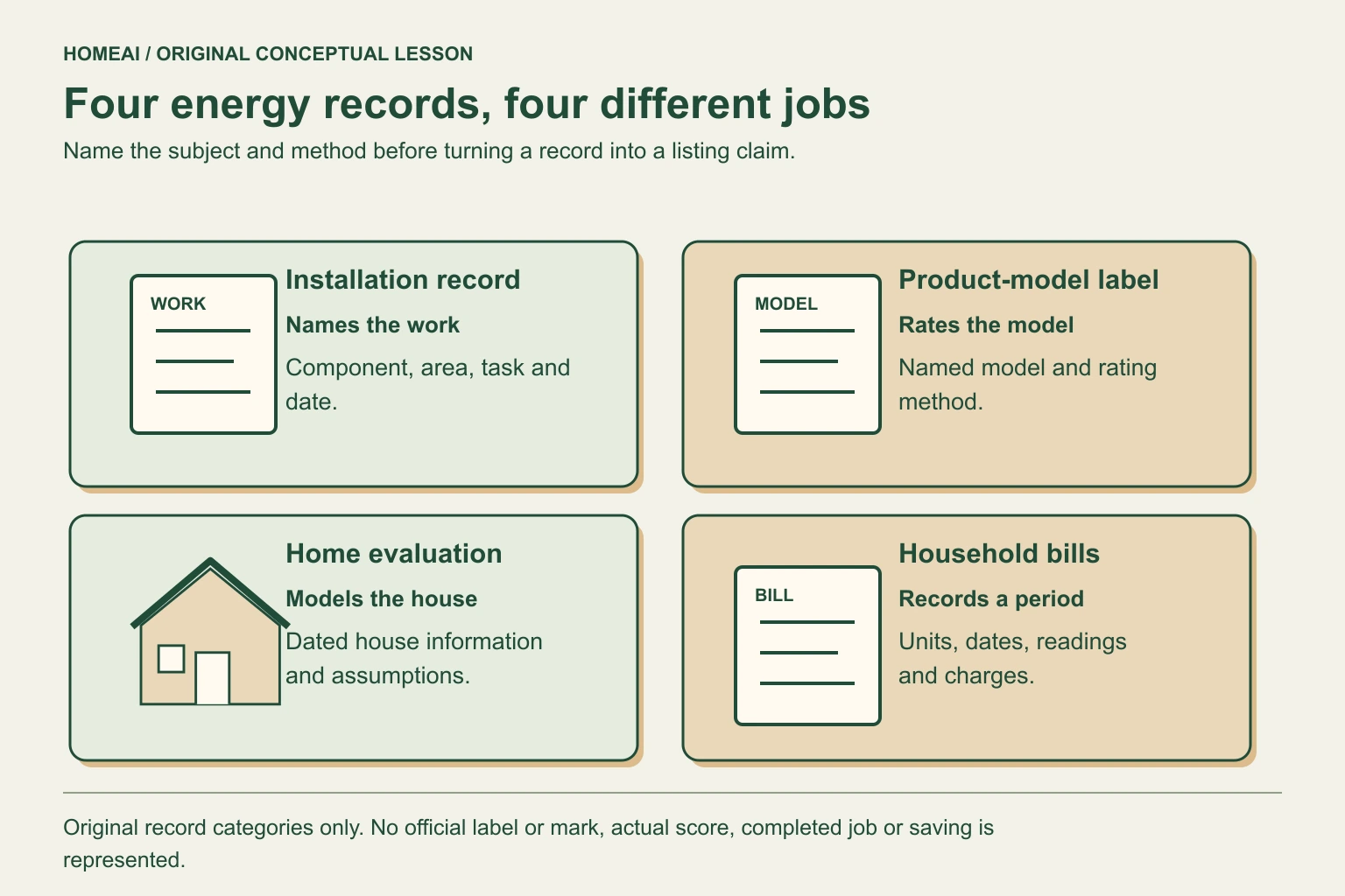 Four illustrated panels distinguish installation records, a generic product-model label, a home evaluation and household bills. Their captions name the work, model, home and household-period questions. The product illustration is not an official label or certification mark.