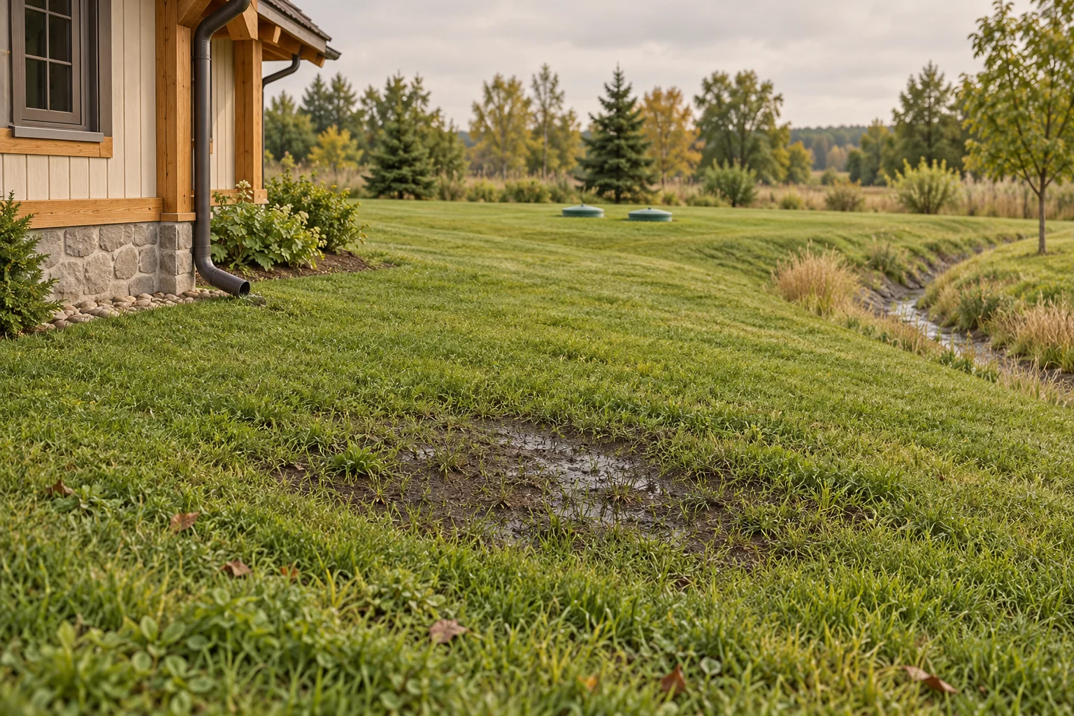 Conceptual rural yard beside a timber house, with a foreground wet-looking grass patch, a downspout on the left, two closed green covers farther back and a shallow swale-like area on the right.