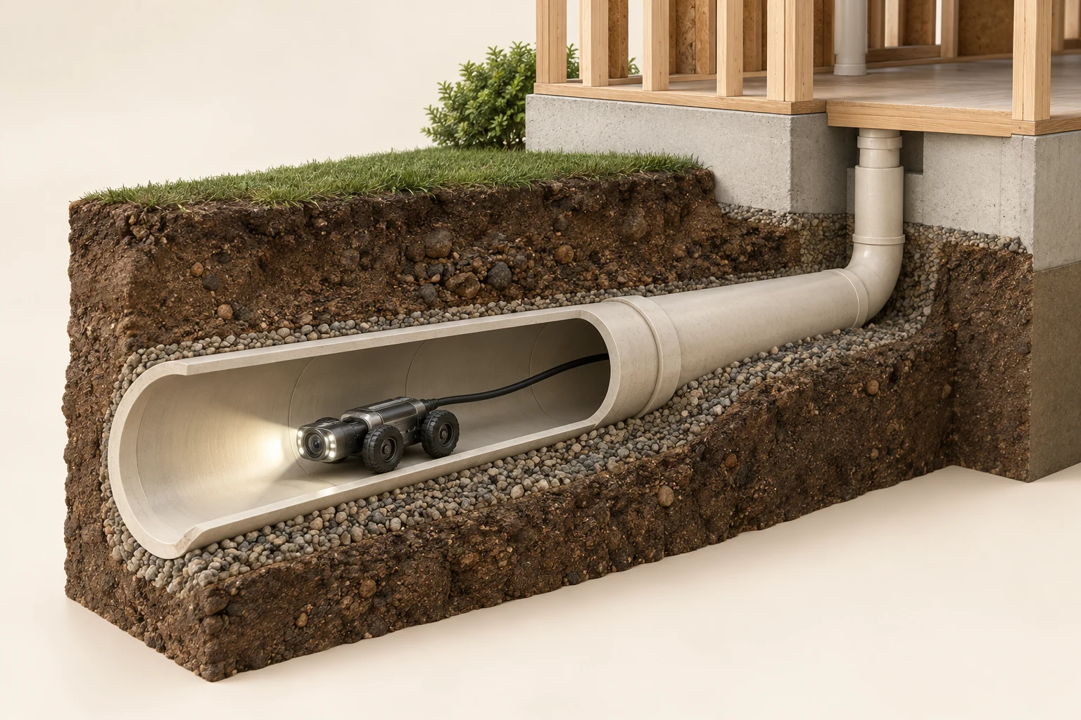 Conceptual 3D cutaway of a camera inside a buried drain beside exposed soil and framing.
