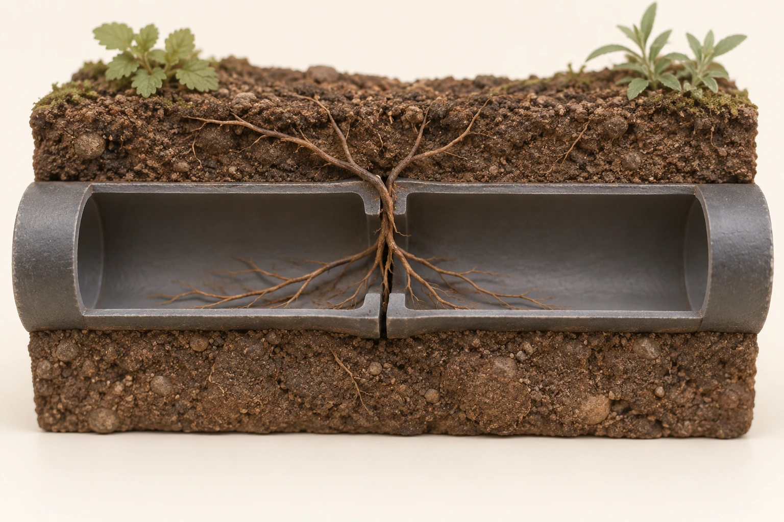 A soil cutaway surrounds two grey pipe sections with a gap at their joint. Roots approach from above, pass through the gap and branch along the exposed inside passage.
