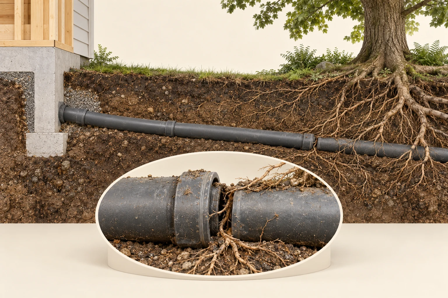 Conceptual soil cutaway with a tree, buried pipe and separate enlarged open-joint specimen