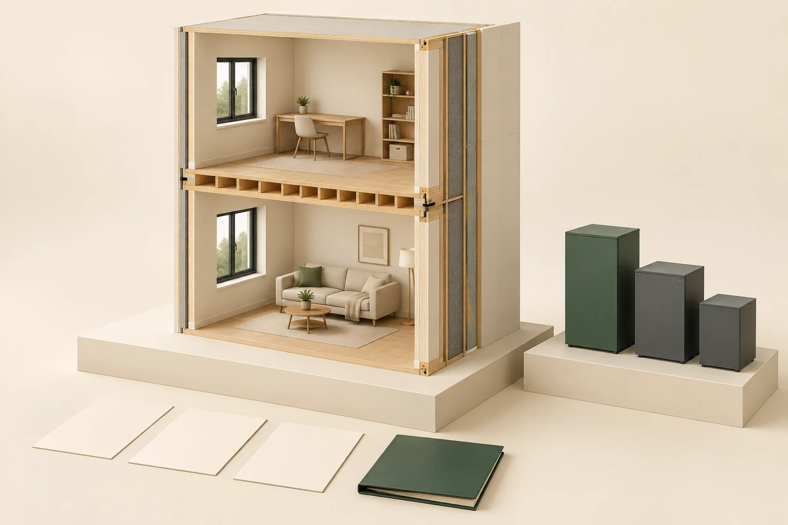 Two stacked furnished room specimens with an exposed horizontal floor interface, wall-edge layers and three separate closed equipment boxes