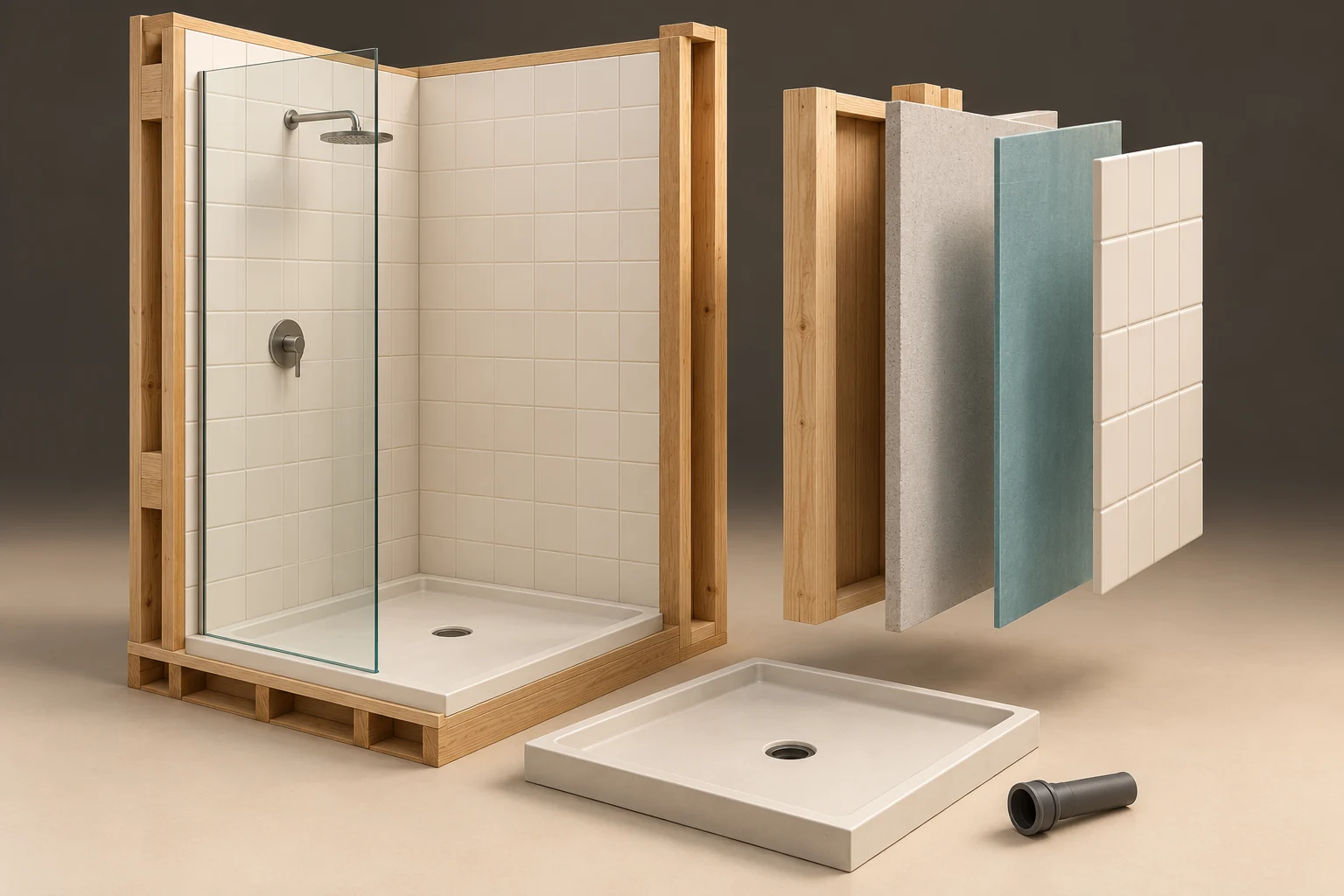Conceptual timber shower corner with tile and a glass screen beside detached stud, pale board, thick teal sheet-like and tile specimens, with a separate base opening and dark pipe specimen