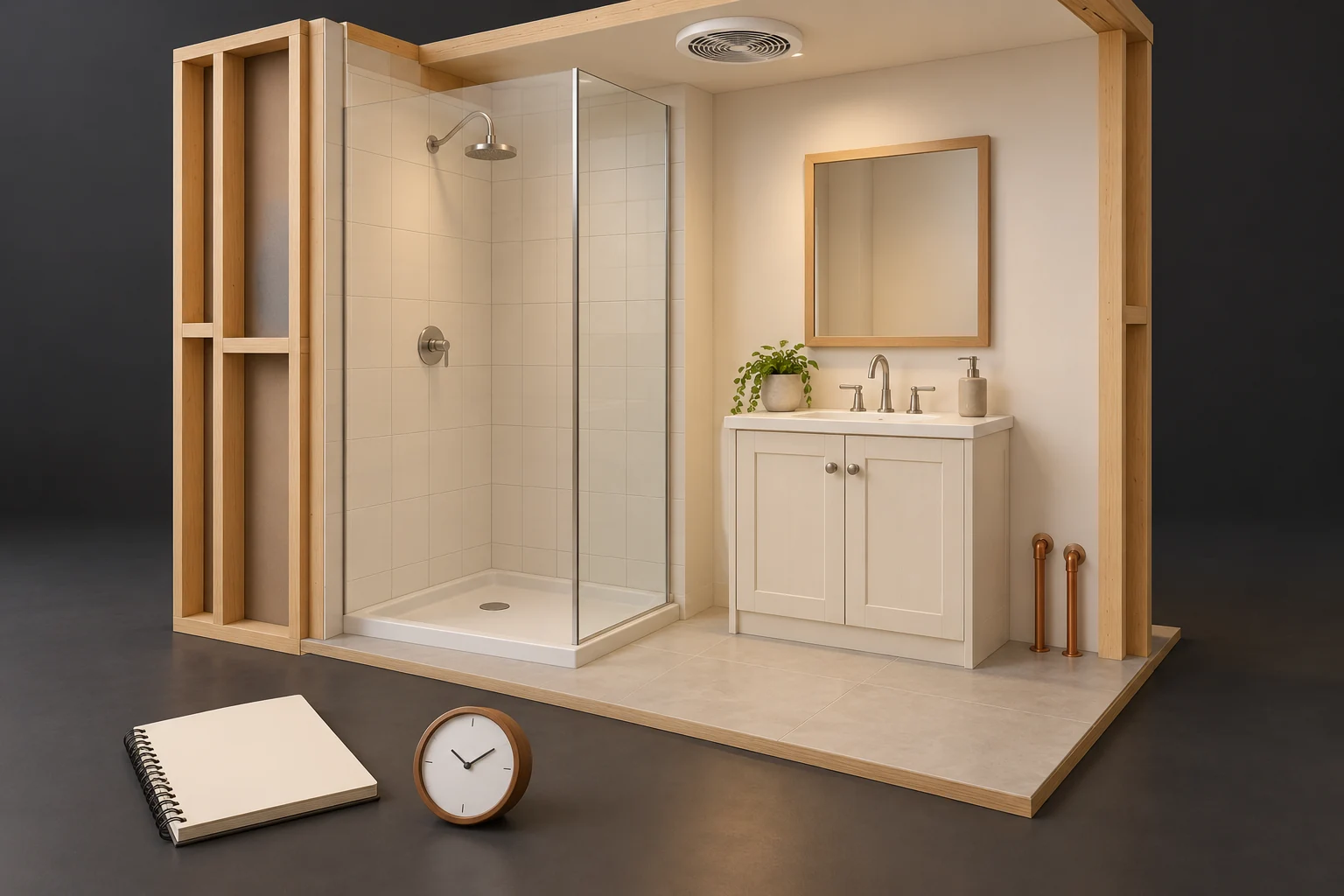 Conceptual bathroom corner with tiled shower and glass screen, closed vanity and basin, separate short copper-coloured pipe stubs, ceiling grille and detached blank notebook and clock