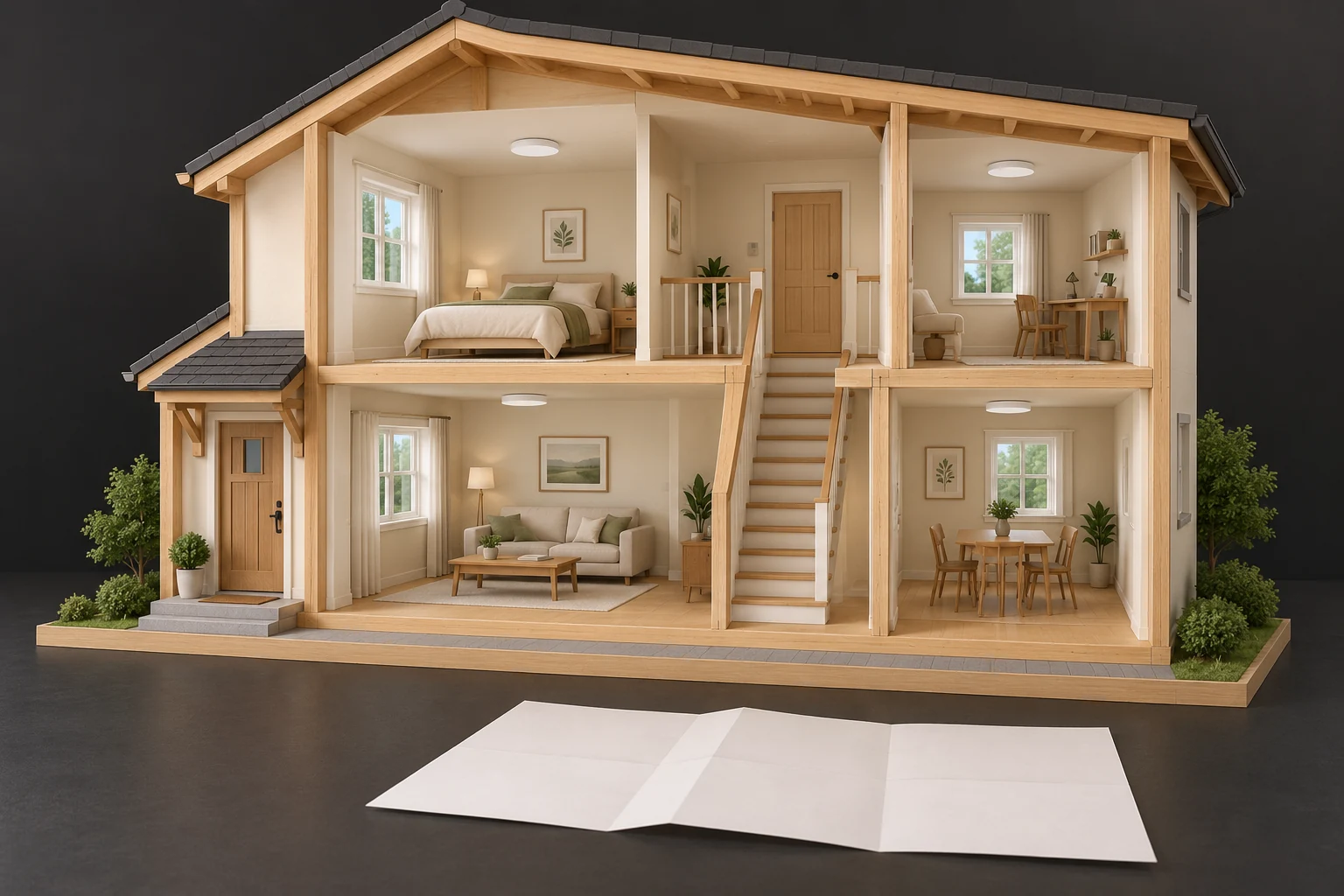 Conceptual open-front two-storey timber house with ordinary rooms, stairs and landing, a closed upper door, exterior door, windows, four plain white ceiling discs and a detached blank paper sheet