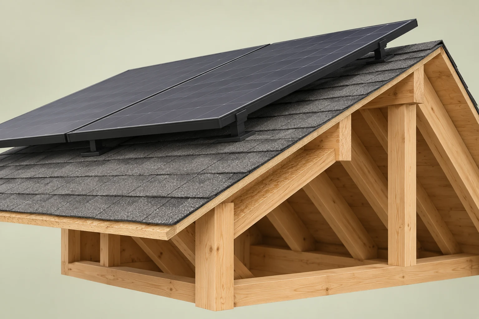 Dark solar panel shapes sit above shingles on a roof fragment with a cutaway timber support bay beneath. Mounting bases appear on the roof but fastening and sealing details are concealed.