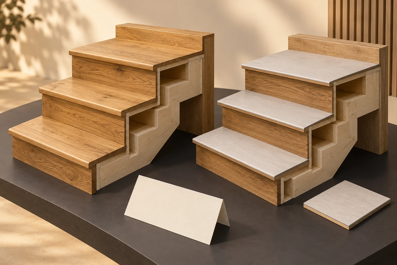 Two separate three-step timber specimens, one with pale finish-like tread faces, exposed cut side forms, a separate pale sample and a blank folded sheet