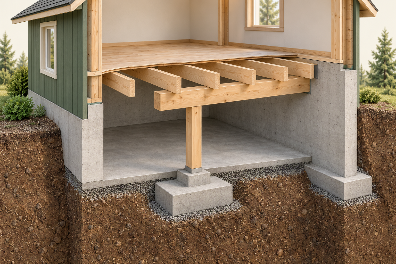 Original timber-house basement cutaway exposes a floor surface, parallel joists, a larger horizontal beam and a vertical post above a concrete block and broad pad below the separate floor slab. A foundation wall and its footing appear at the side.