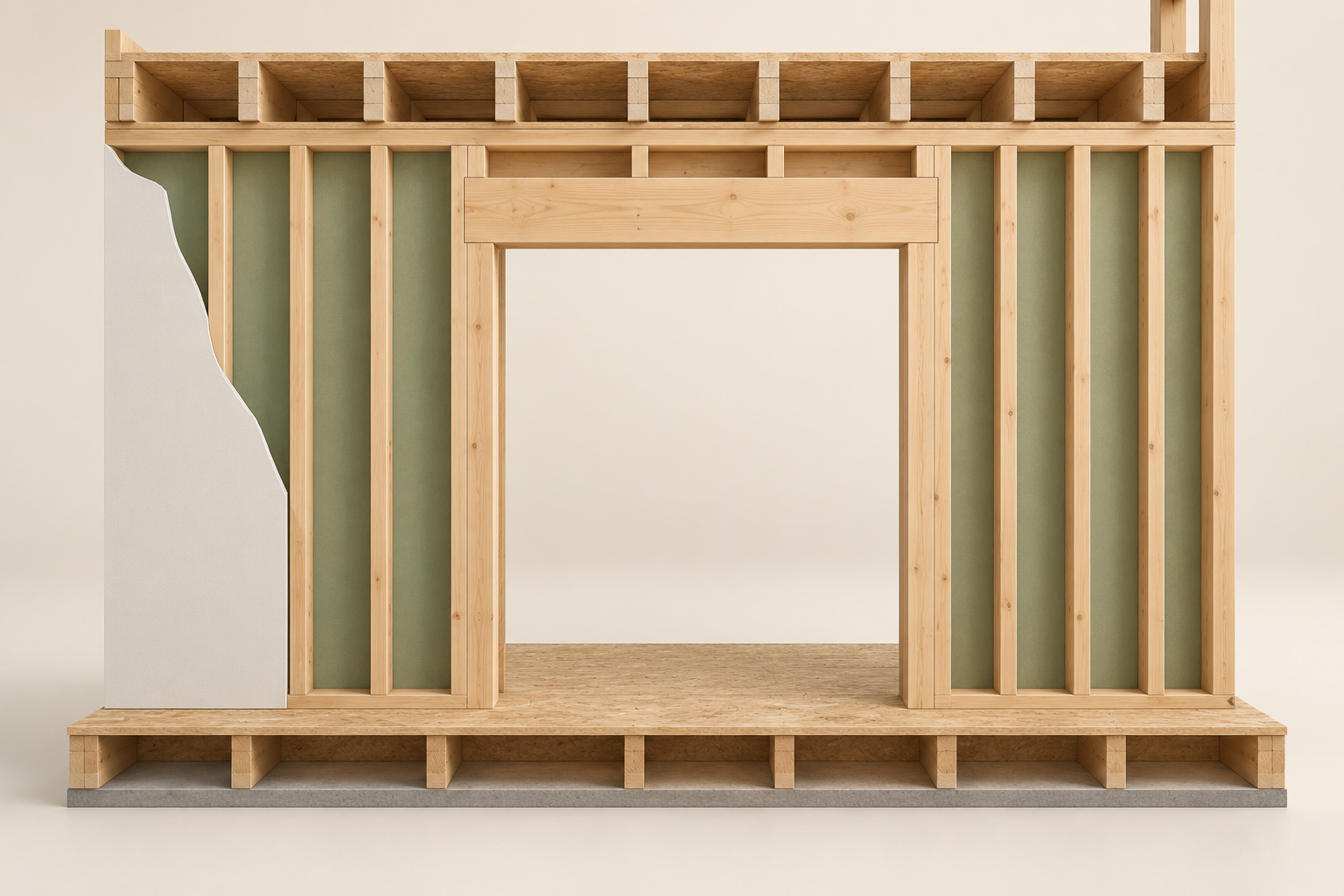 Original timber-wall cutaway shows a wide empty opening, a horizontal timber member above it, vertical members beneath its ends and adjacent full-height studs. Part of a wall finish is peeled back, with floor framing drawn above and below.