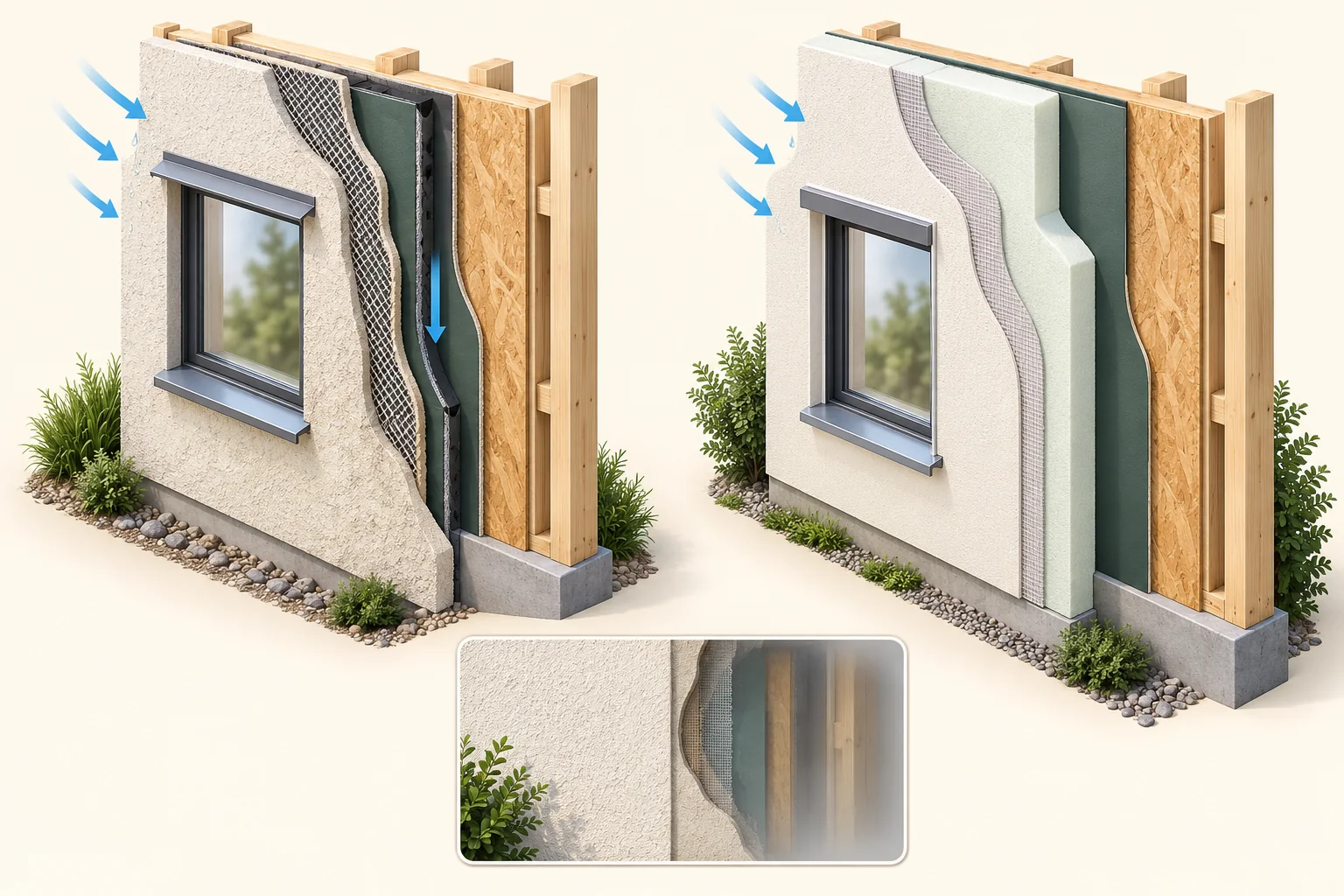 Separate conceptual cement-stucco and EIFS-type wall samples expose different layers around windows; a finish inset does not reveal hidden condition.